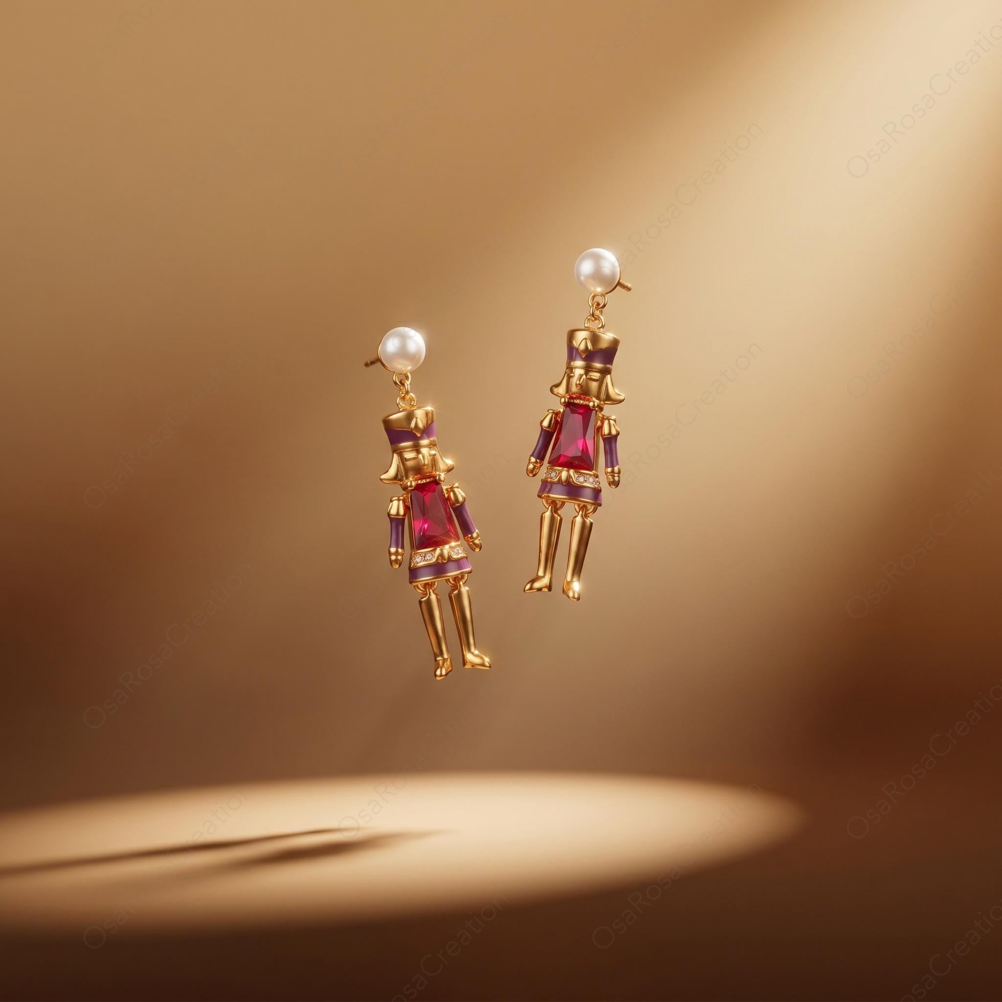 Vintage Nutcracker Pearl Earrings, Ruby Red Gemstone Toy Soldier Dangle Earrings, Festive Holiday Jewelry, Whimsical Artistic Statement Gift