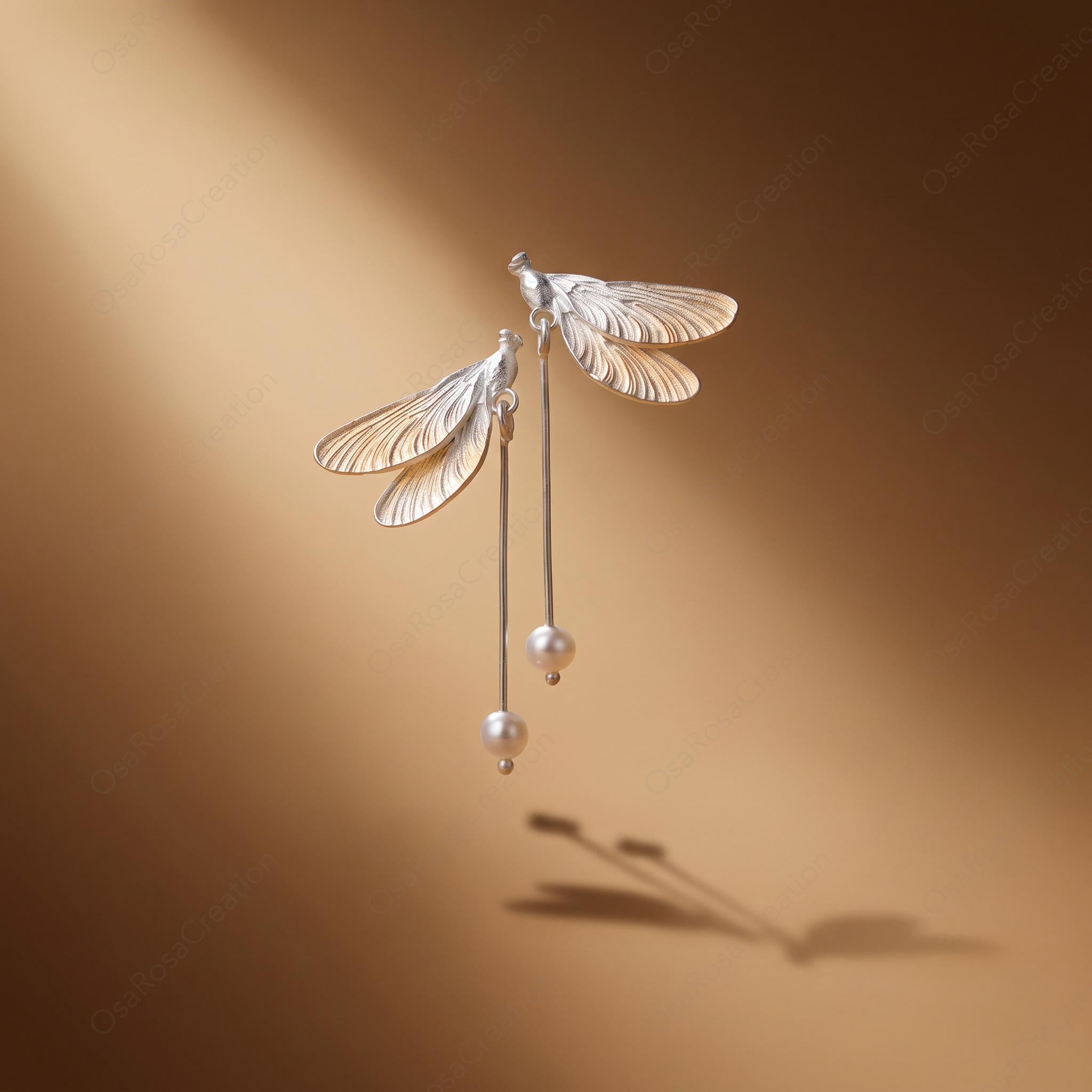 Silver Dragonfly Pearl Drop Earrings, Nature Inspired Bridal Jewelry
