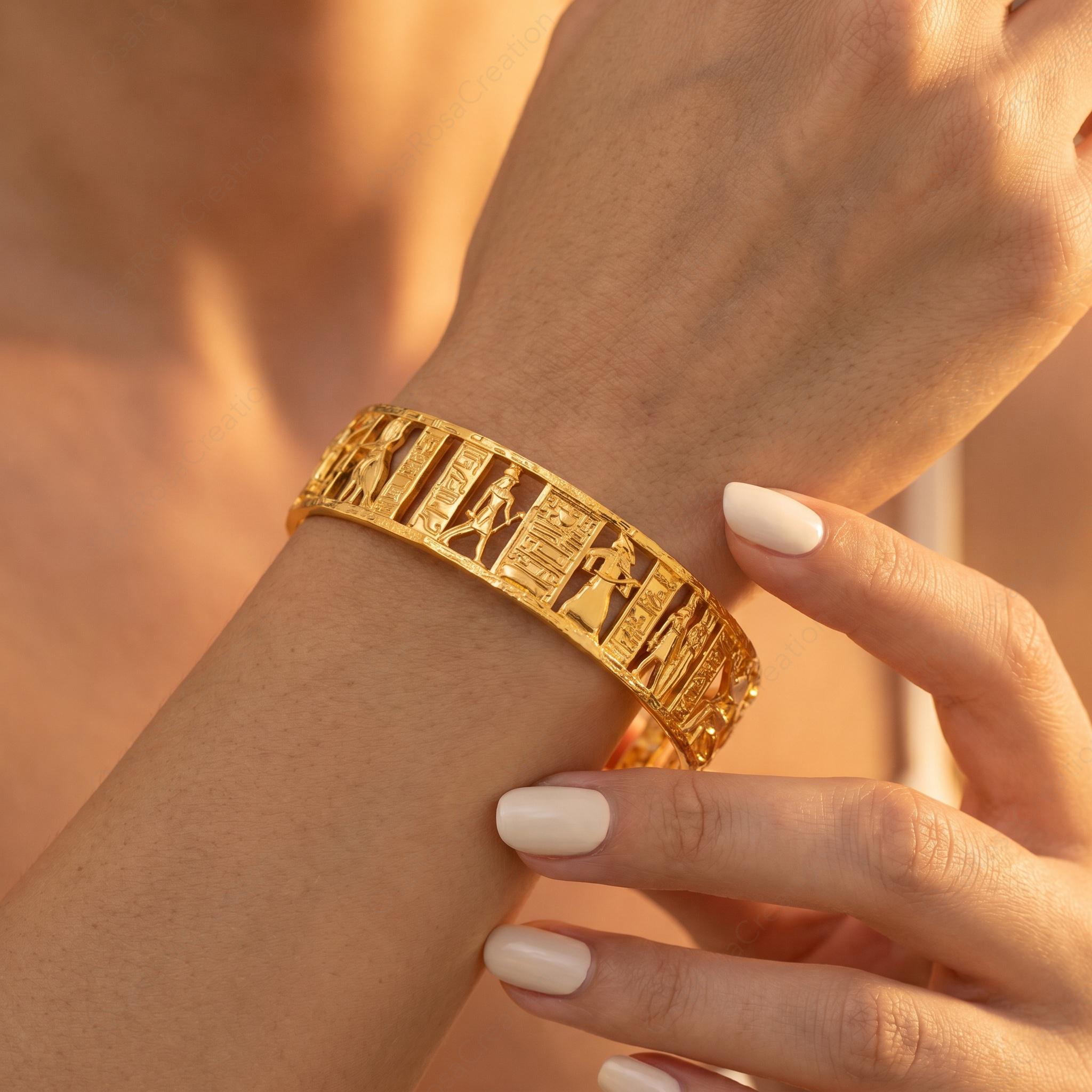 Ancient Egyptian Openwork Cuff Bracelet, Gold Sculptural Bangle, Hieroglyph Art Jewelry