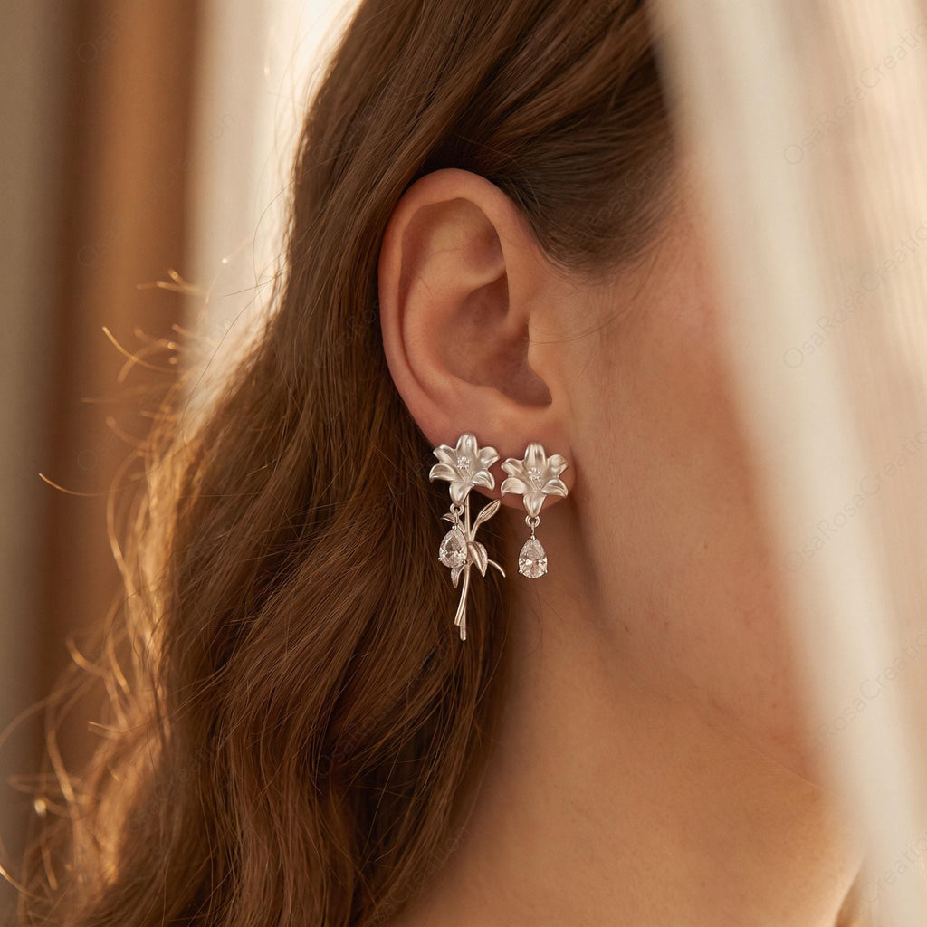 Asymmetrical Lily Earrings, Silver Floral Drop Earrings, Botanical Jewelry, Teardrop Crystal Earrings