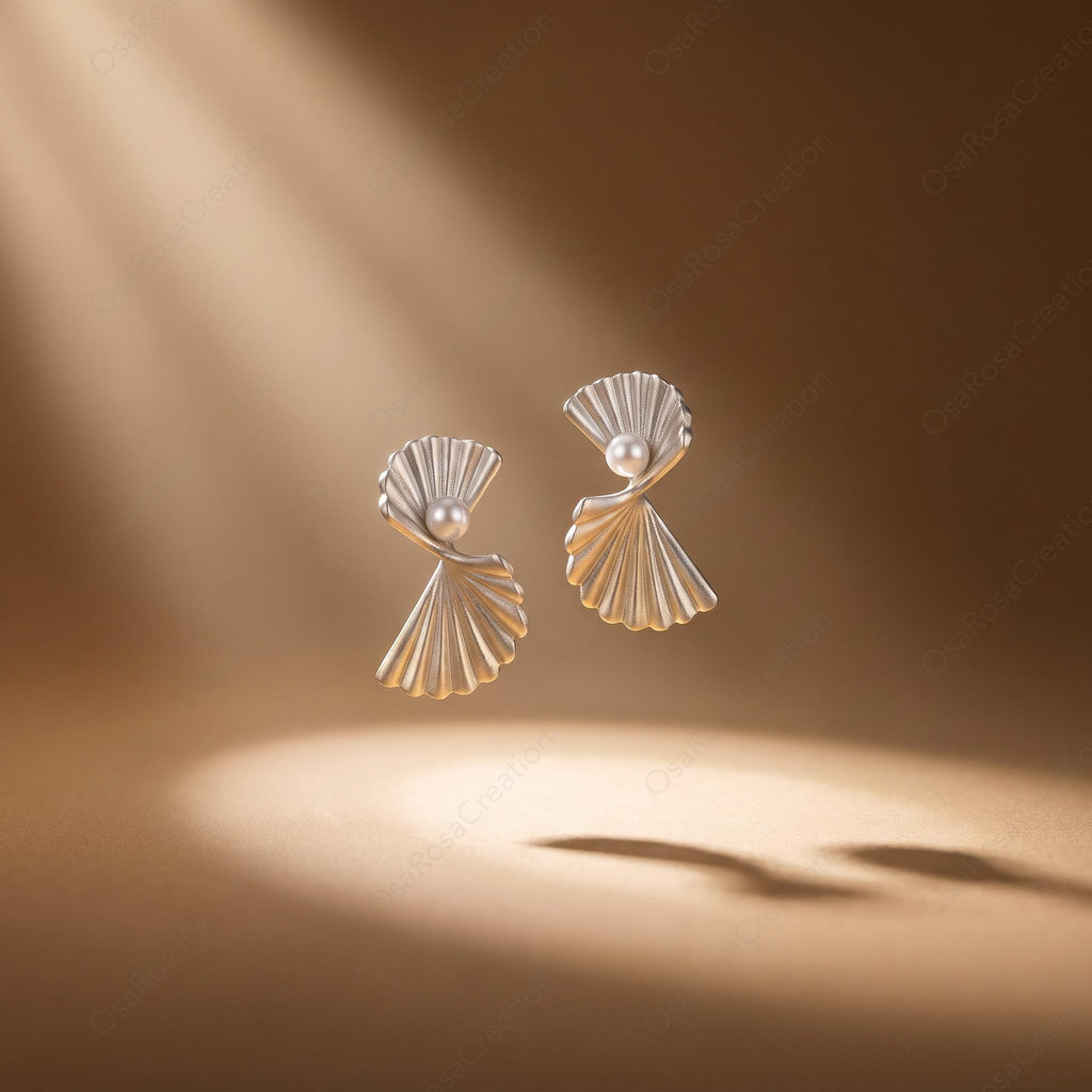 Sculptural  Silver Fan Earrings with Pearl, Ocean Coastal Jewelry
