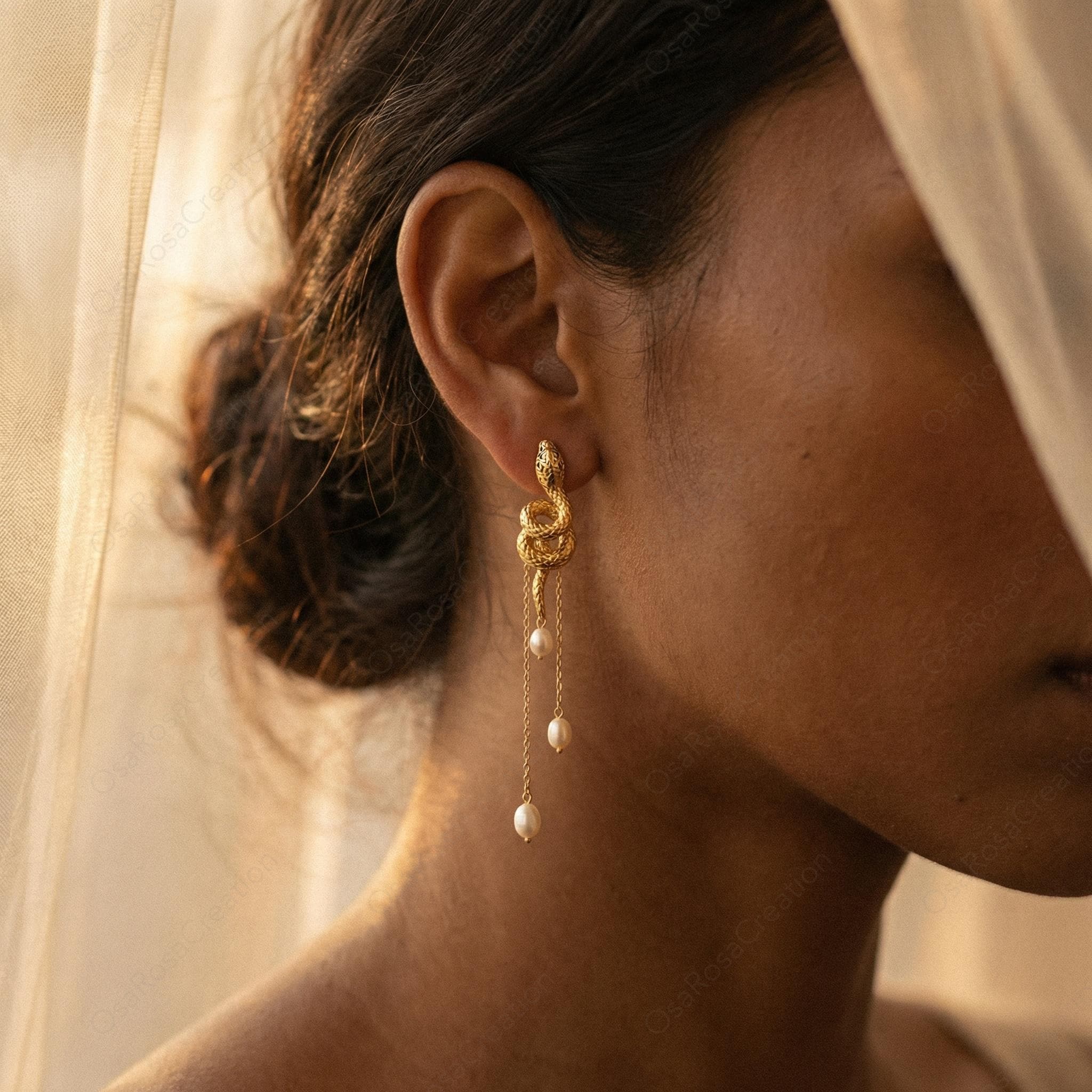 Gold Serpent Drop Earrings with Pearl Tassels, Artistic Statement Jewelry