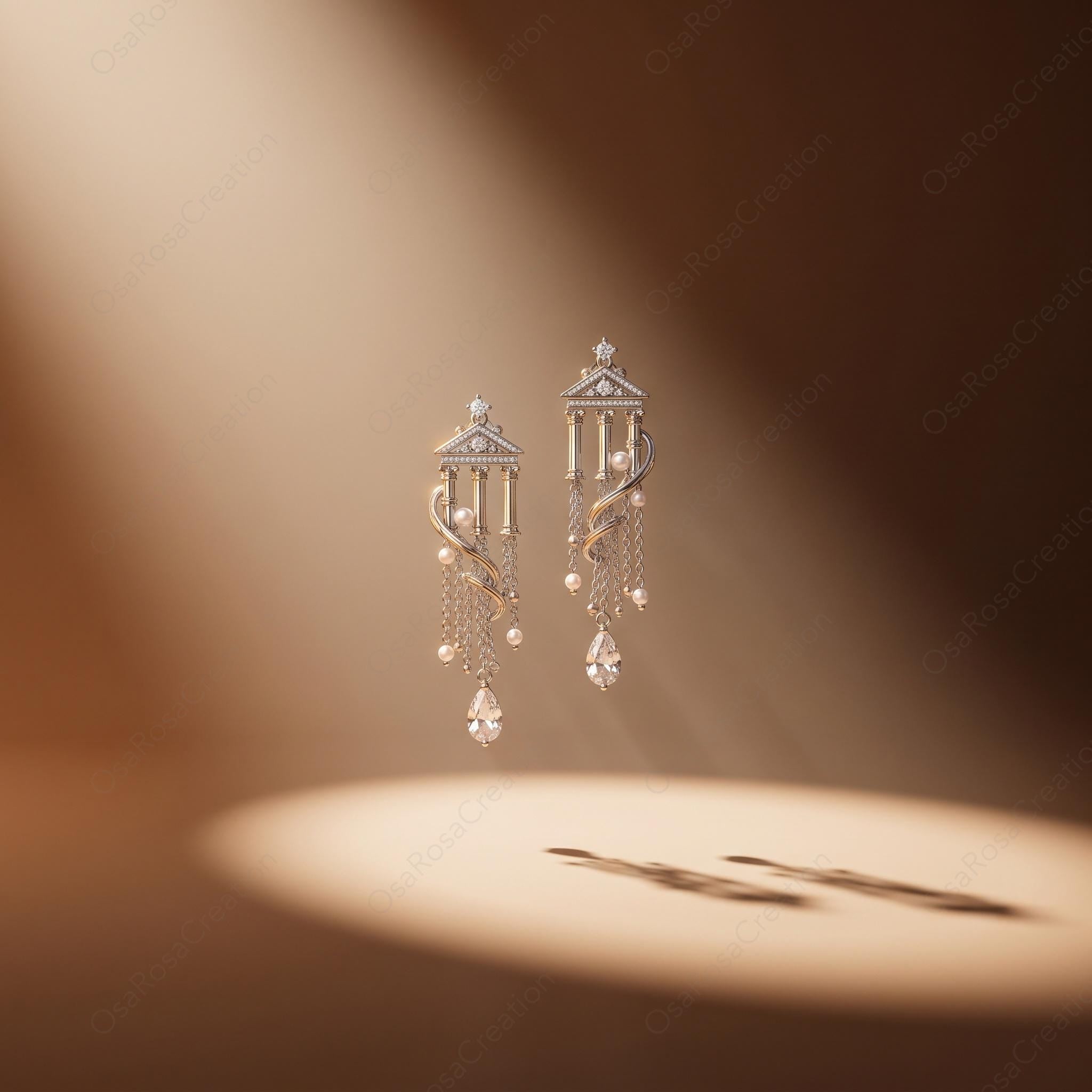Architectural Drop Earrings, Silver Temple Dangle Earrings, Pearl Tassel Earrings, Classical Antiquity Jewelry, Elegant Statement Drop