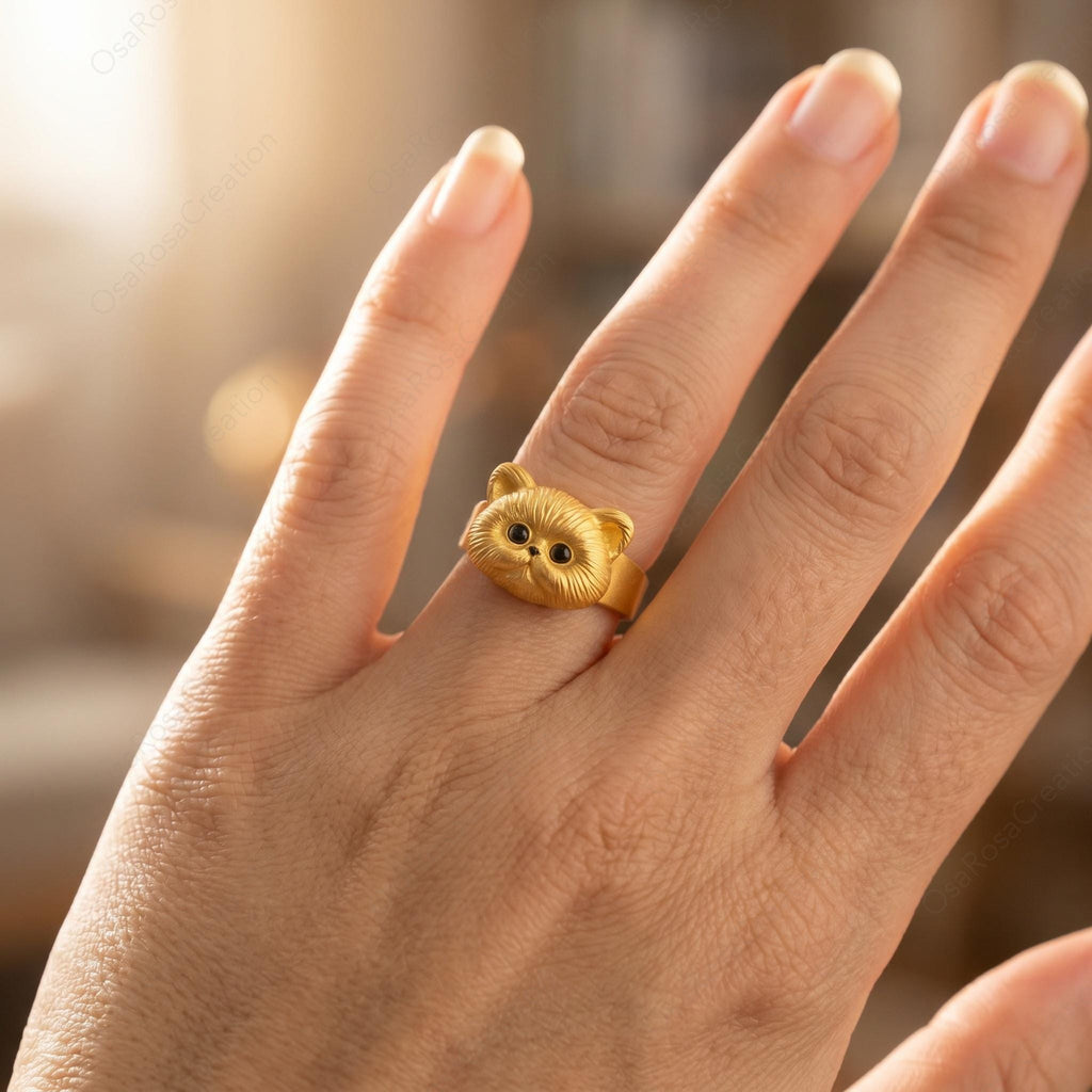 Sculptural Gold Cat Ring, Textured Feline Statement Jewelry, Artistic Animal Ring