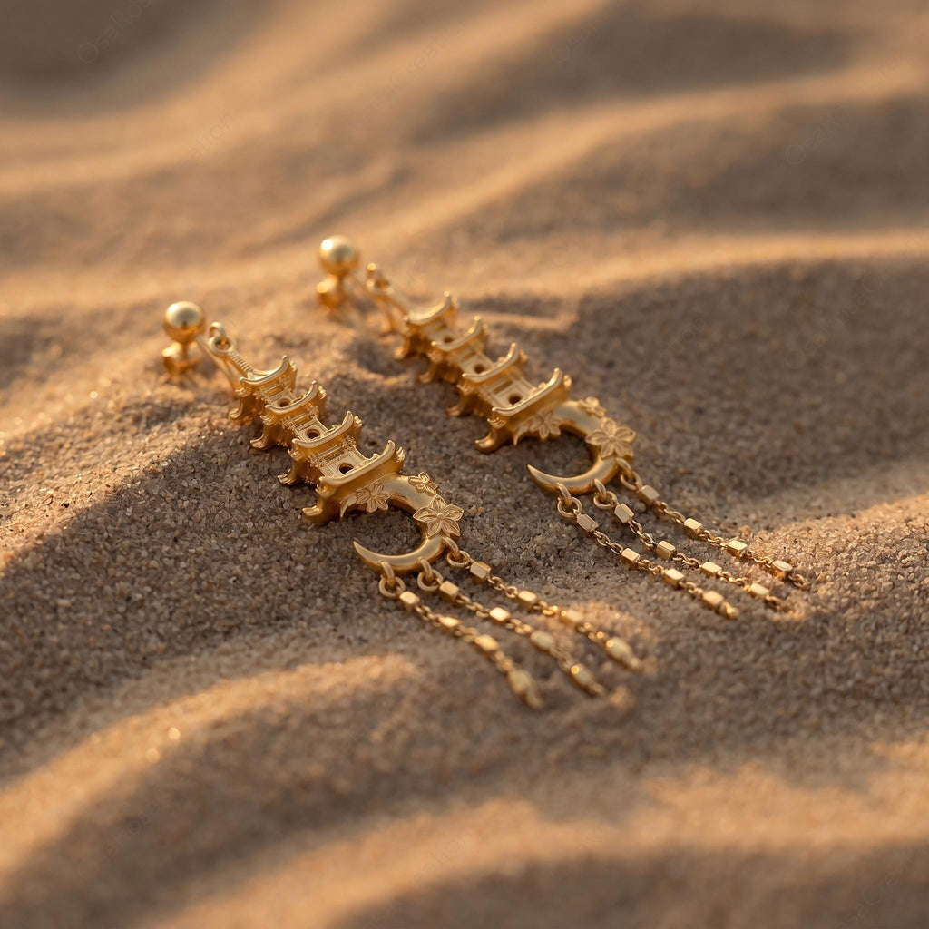 Moon Pagoda Earrings, Gold Temple Dangle Earrings, Crescent Tower Drop Earrings, Oriental Myth Jewelry