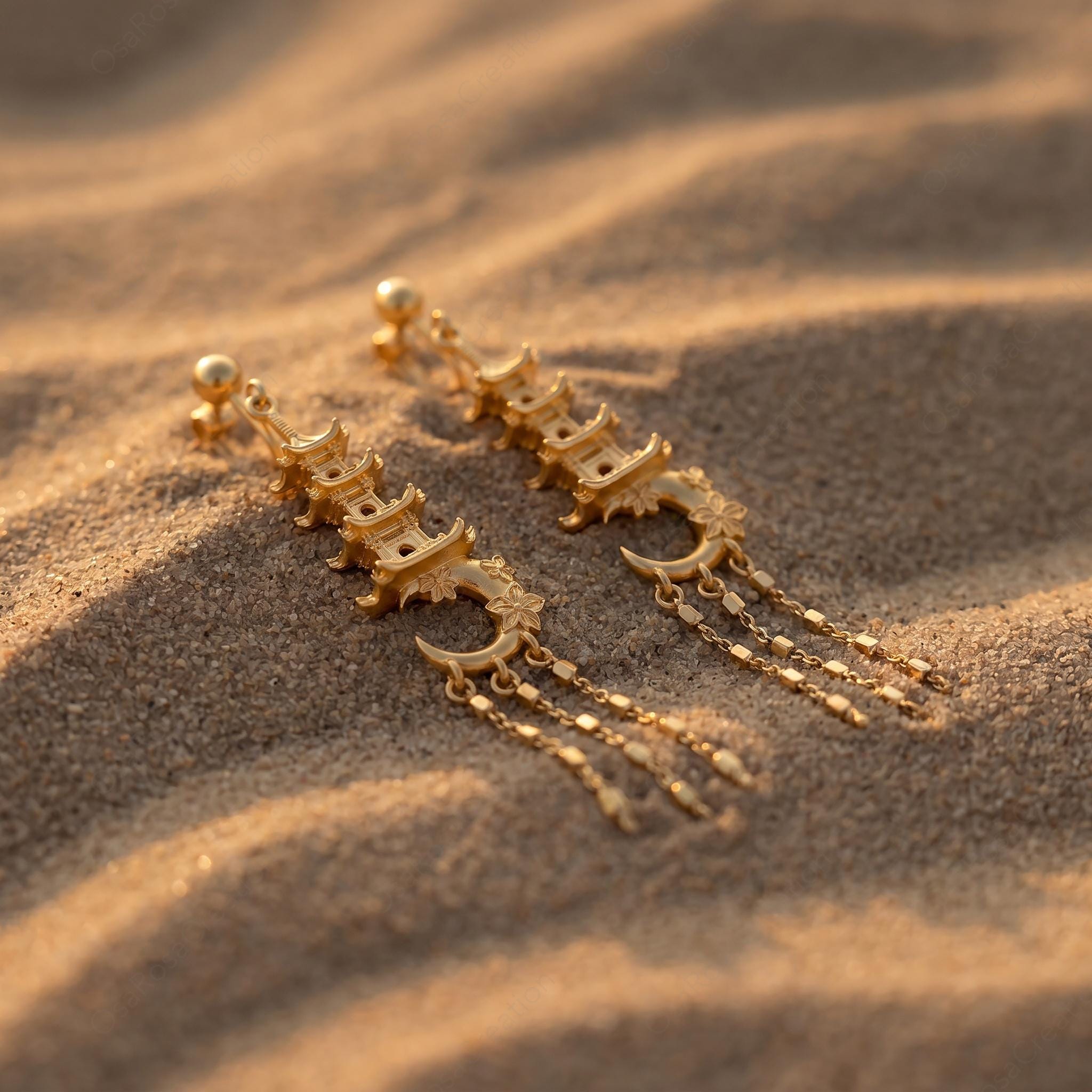 Moon Pagoda Earrings, Gold Temple Dangle Earrings, Crescent Tower Drop Earrings, Oriental Myth Jewelry