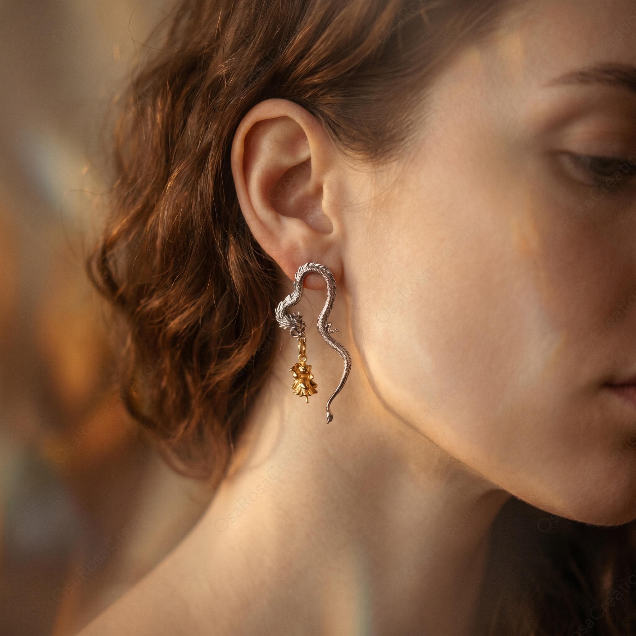 Silver Dragon Drop Earrings with Gold Fairy Charm Sculptural