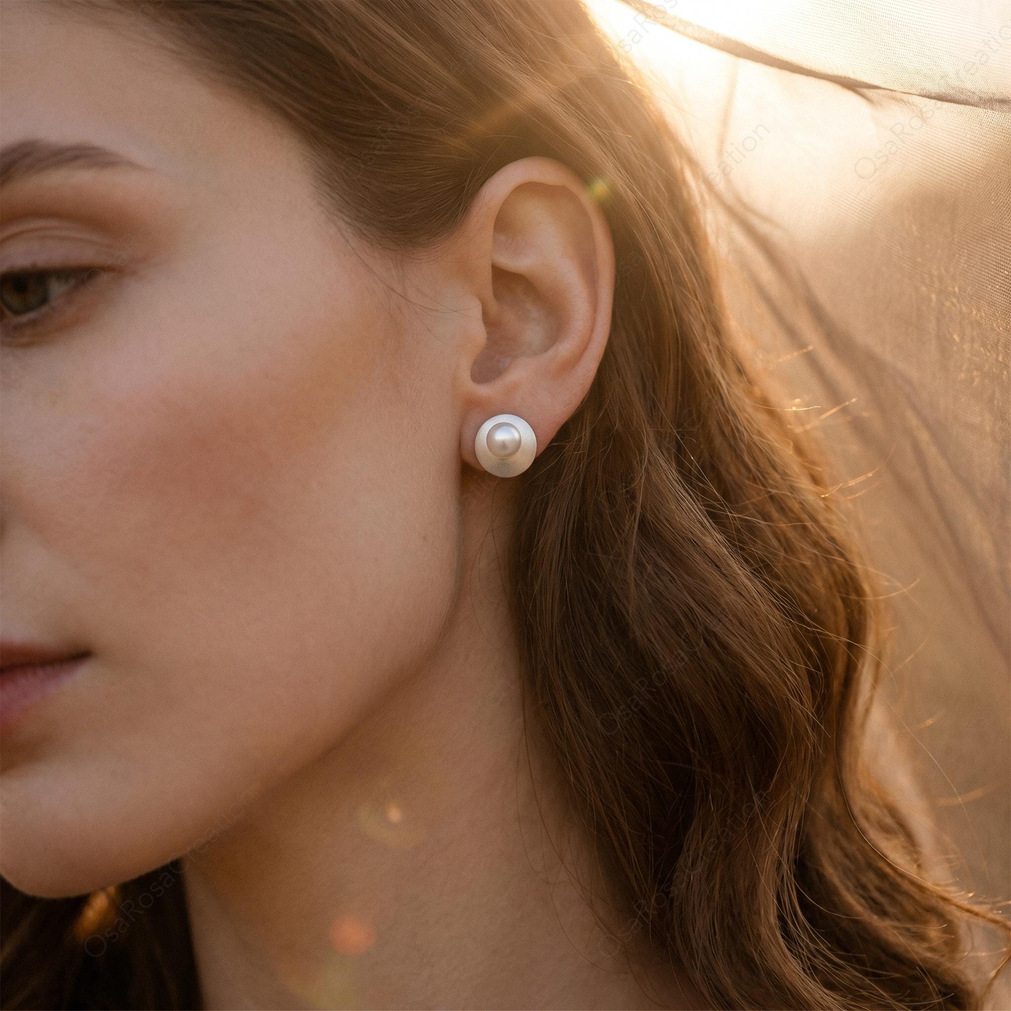 Matte Silver Pearl Stud Earrings, Geometric Minimalist Bridal Jewelry, Modern Elegant Everyday
