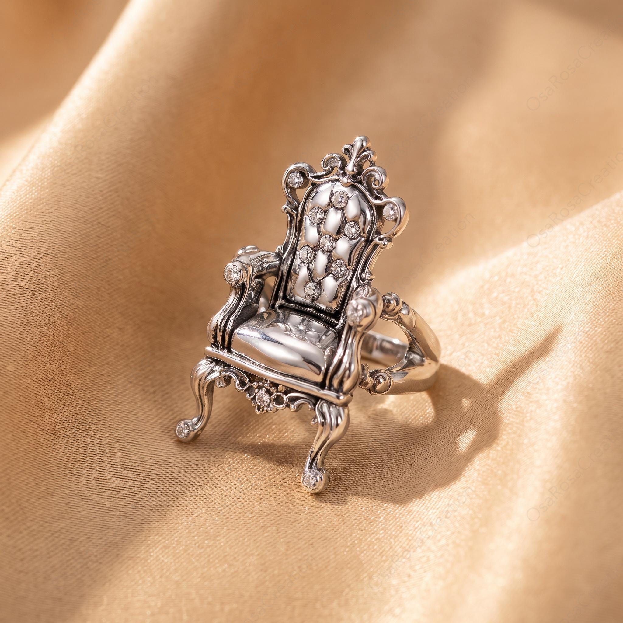 Baroque Throne Ring, Platinum-Plated Brass Sculptural Chair Jewelry, Vintage Inspired Statement Ring