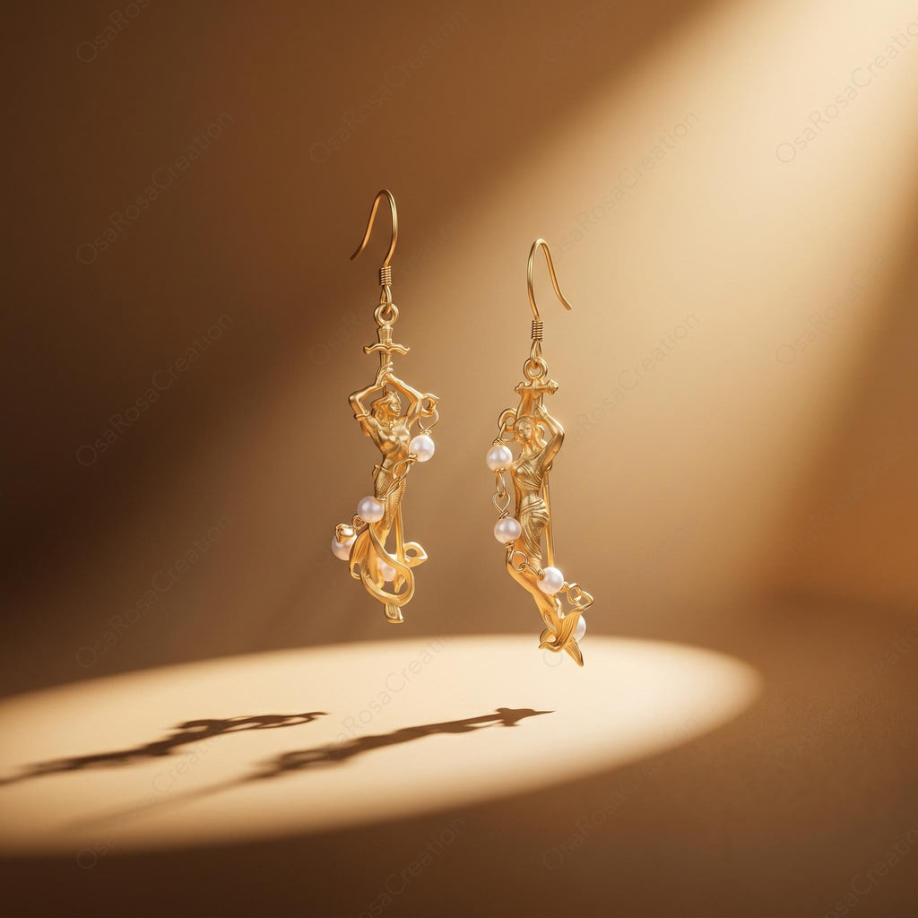 Gold Plated Mermaid Earrings | Siren, Pearl Accents, Hook or Clip