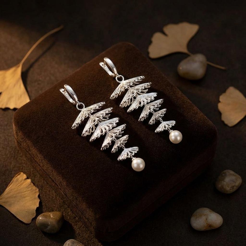 Matte Silver Ginkgo Leaf Earrings • Art Deco Pearl Duster