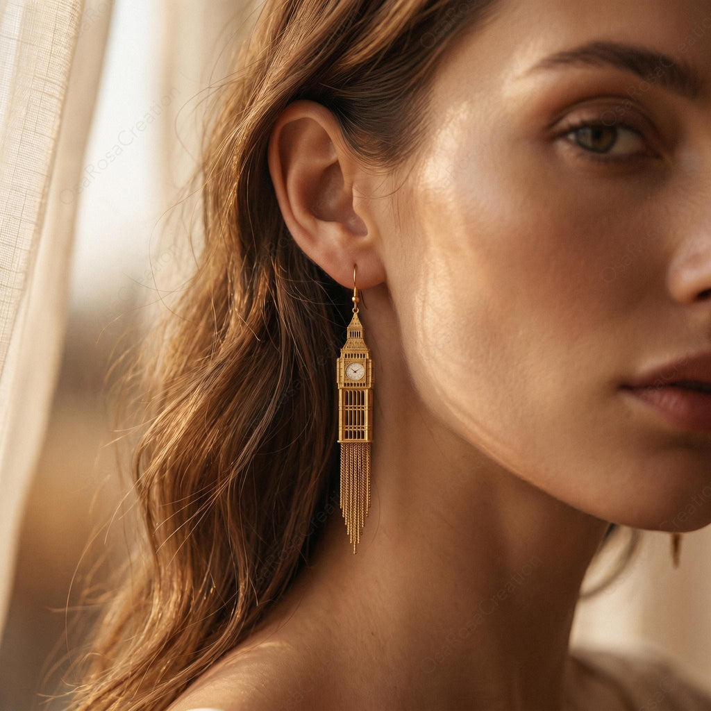 Big Ben Dangle Earrings, Architectural Tassel Drop Earrings