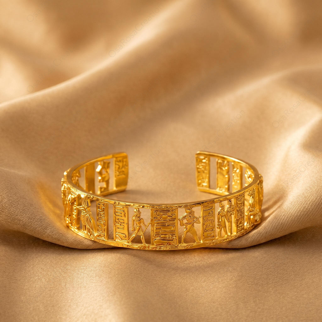 Ancient Egyptian Openwork Cuff Bracelet, Gold Sculptural Bangle, Hieroglyph Art Jewelry