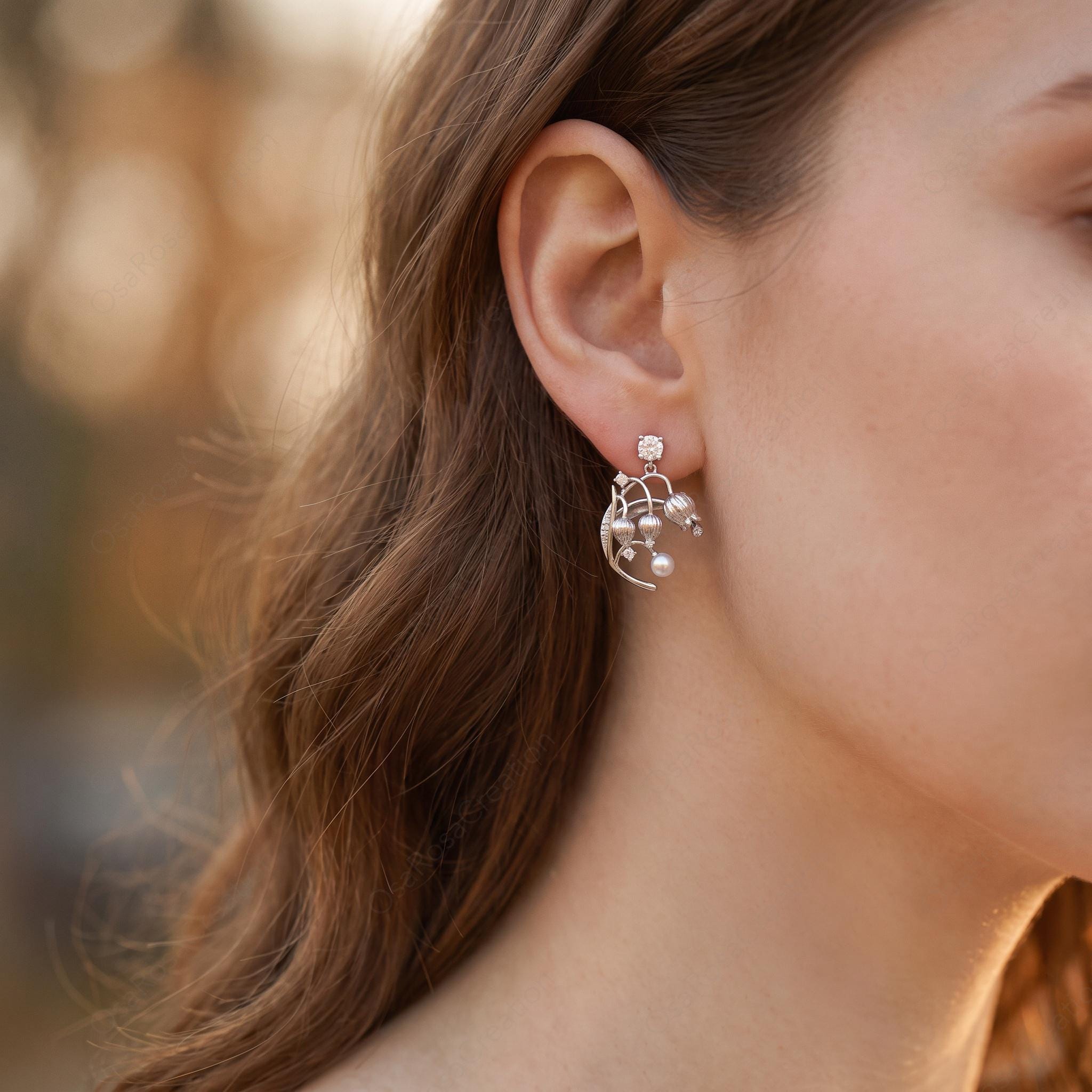 Silver Lily of the Valley Earrings, Pearl Drop Botanical Jewelry