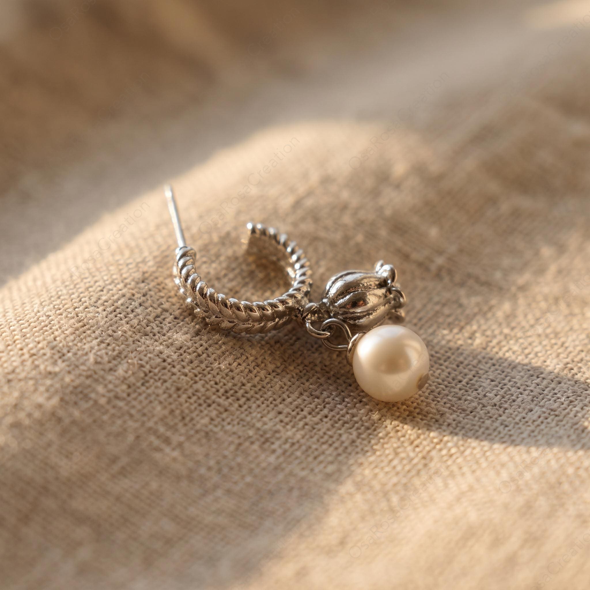 Silver Tulip Pearl Drop Earrings, Twisted Hoop Floral Earrings, Botanical Dangle Earrings