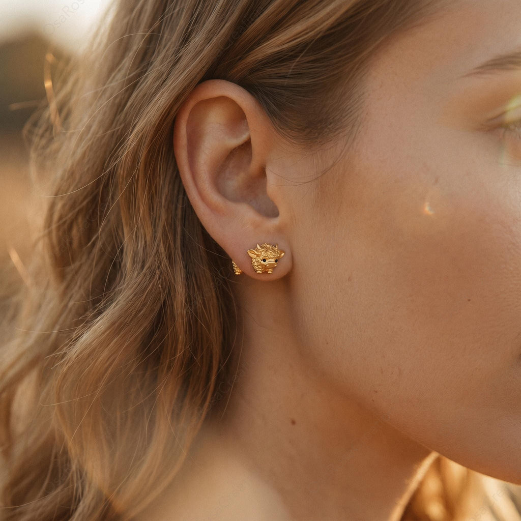 Gold Highland Cow Stud Earrings, Dainty Nature Inspired Jewelry, Sterling Silver Posts