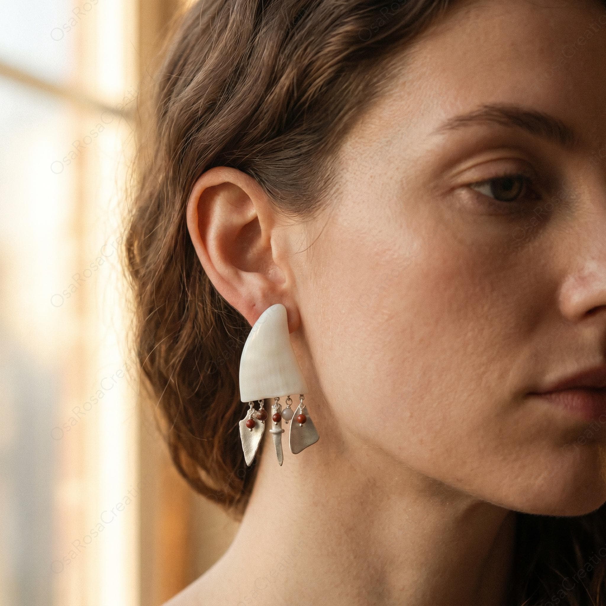 Tribal Horn Faux Resin Earrings, Artisan Sterling Silver Dangle Drops