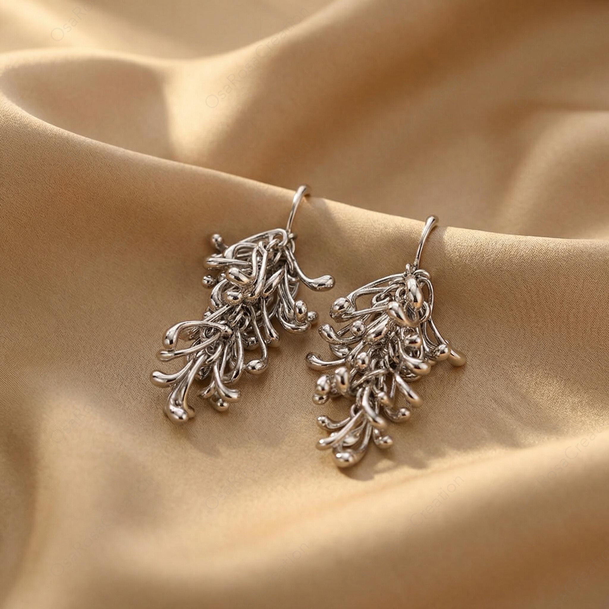 Sterling Silver Post Branch Dangle Earrings, Sculptural Botanical Art Jewelry