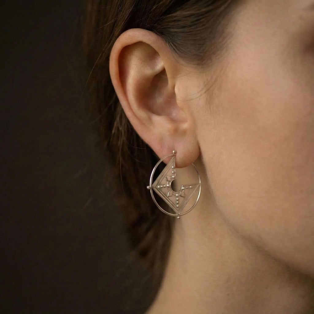 Matte Silver Geometric Hoop Earrings • Tribal Square Shield Studs • Brutalist Jewelry