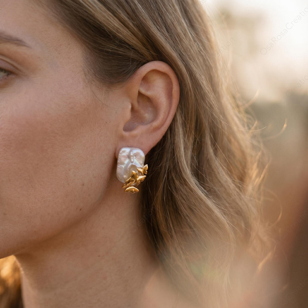 Baroque Pearl Gold Butterfly Earrings, Sculptural Nature Inspired Bridal Jewelry