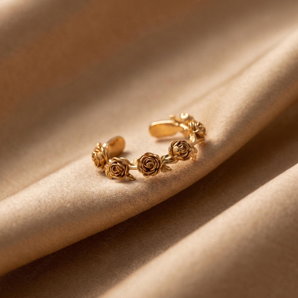 Vintage Botanical Sculpted Floral Ear Cuff - Gold-Plated Brass Rose Jewelry