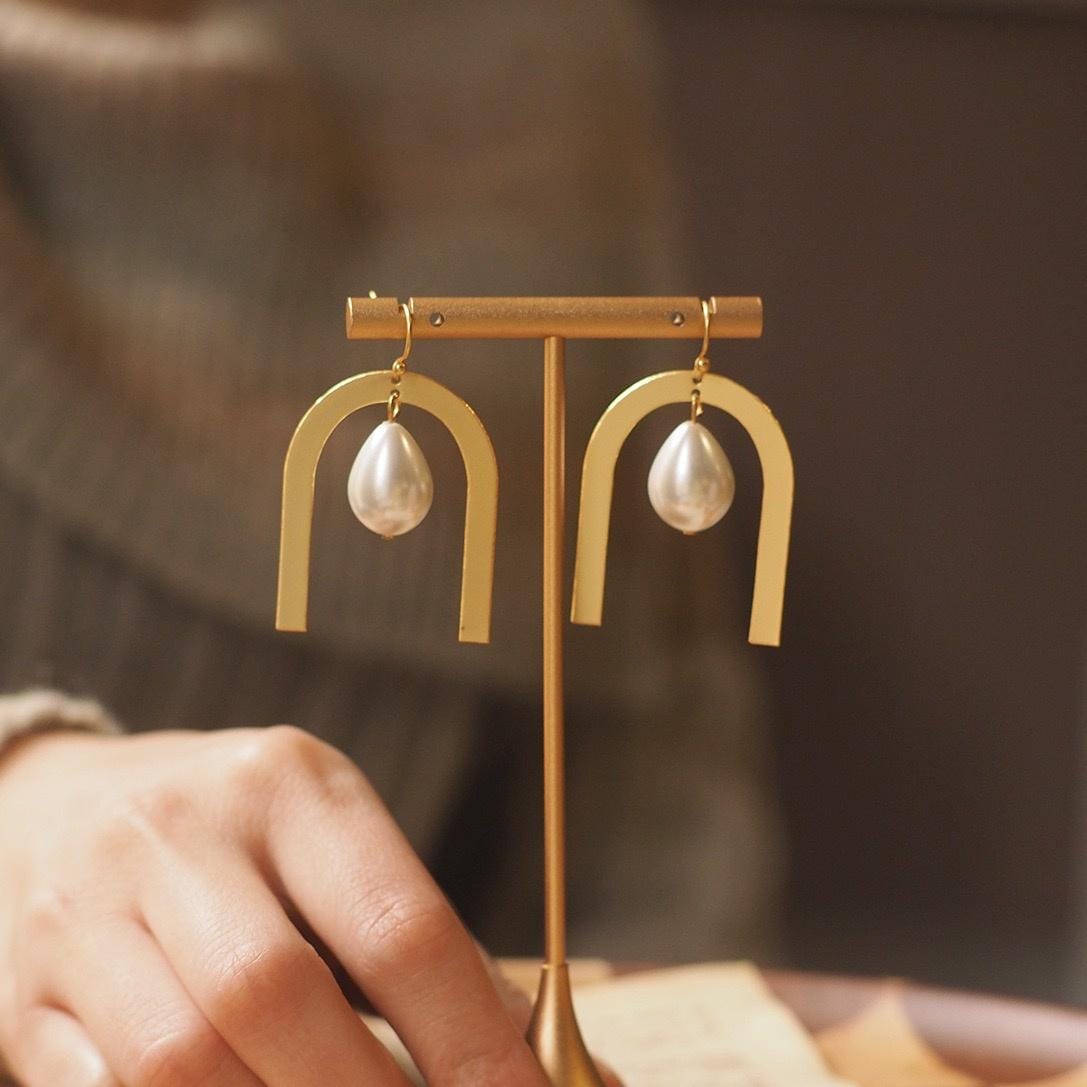 Gold Arch Pearl Earrings | Minimalist Dangle, 925 Silver Posts