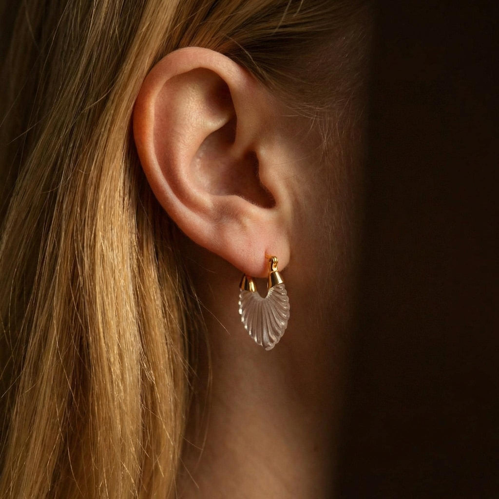 Carved Shell Hoop Earrings – Frosted Scalloped Drops, 18K Gold Plated Huggies