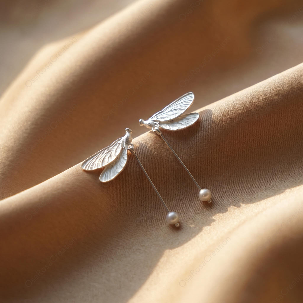 Silver Dragonfly Pearl Drop Earrings, Nature Inspired Bridal Jewelry