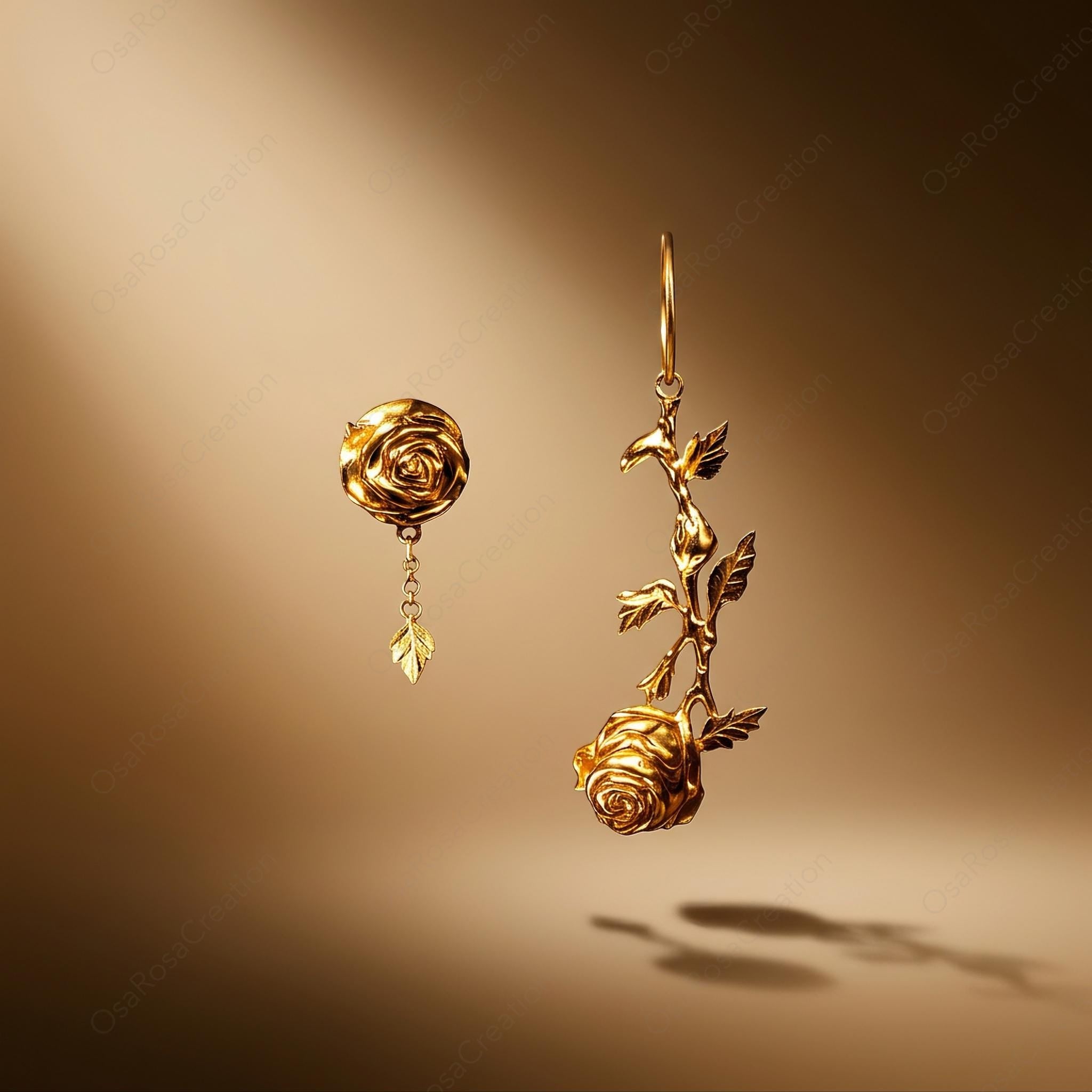 Asymmetrical Rose Earrings • 18k Gold Plated, Sterling Silver Posts