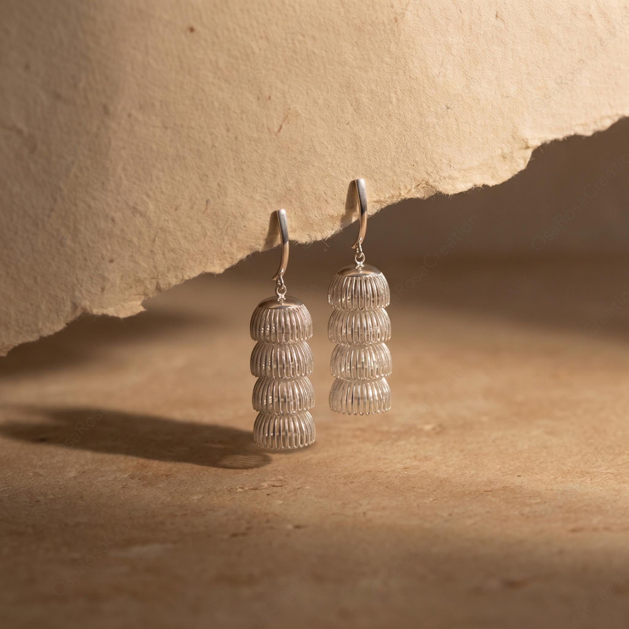 Sculptural Gold Drop Earrings, Fluted Column Dangle Jewelry, Artistic Minimalist Gift