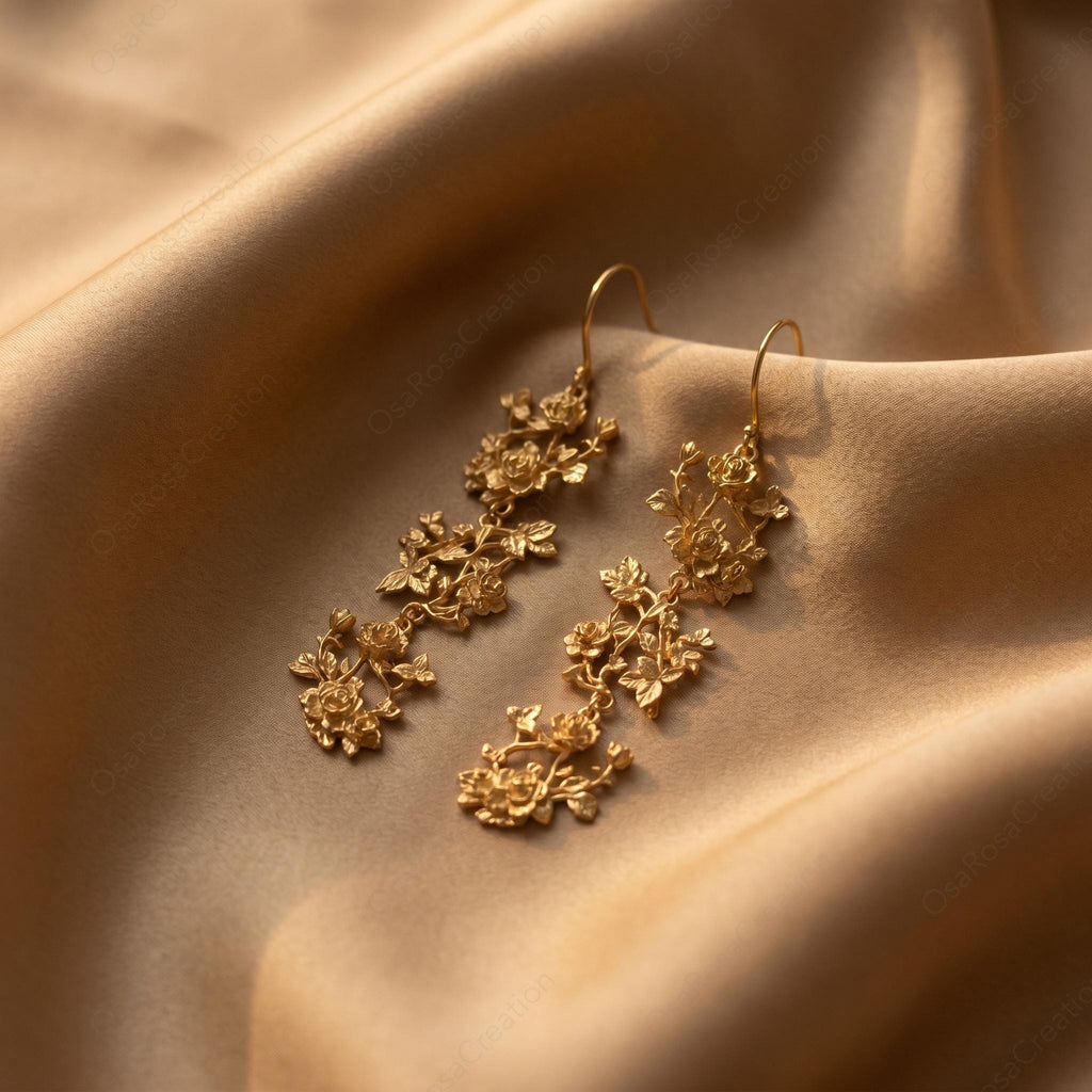 Handcrafted Floral Gold Earrings | 925 Silver Hook or Clip | Vintage Flower Dangle Earring| Christmas gift