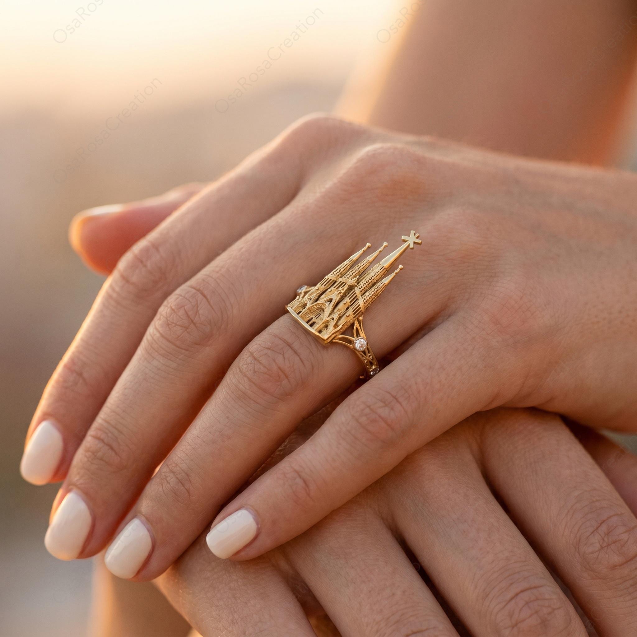 Sculptural Gold Sagrada Familia Ring, Gaudi Inspired Architectural Jewelry, Cubic Zirconia Accent