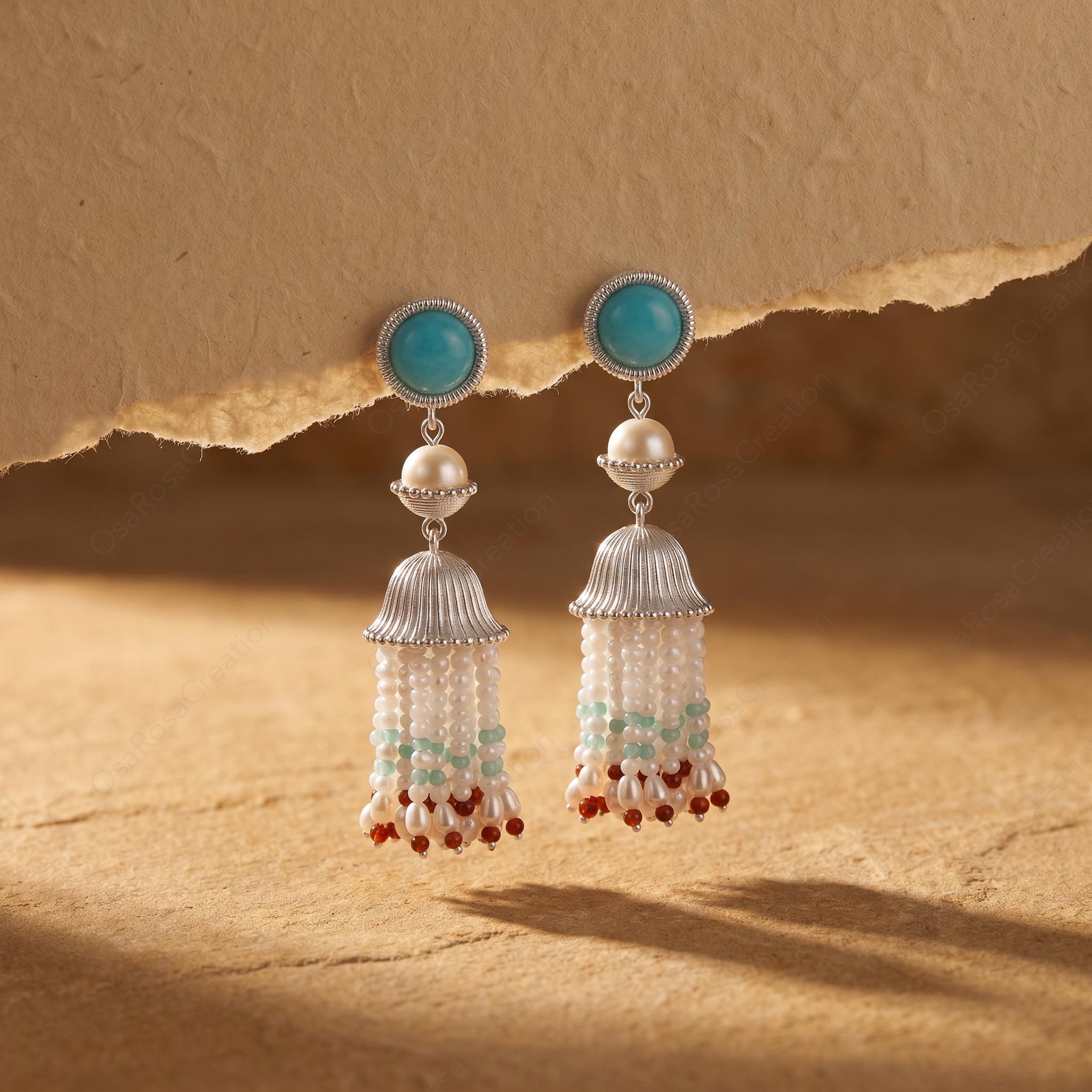 Artisan Sterling Silver Pearl Tassel Earrings, Mediterranean Blue Stone Bohemian Dangles