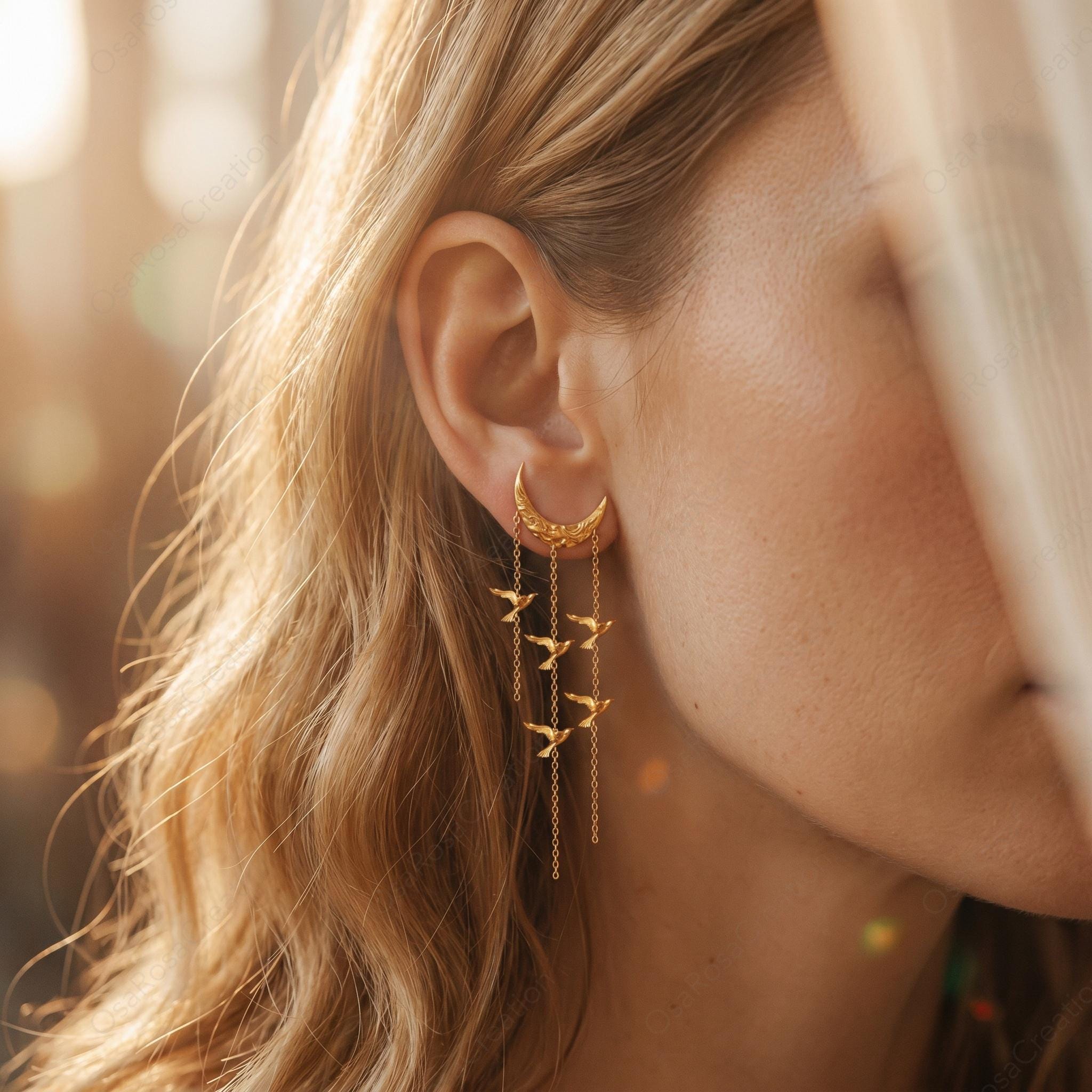 Crescent Moon Bird Dangle Earrings • 18k Gold Plated, Sterling Silver Posts