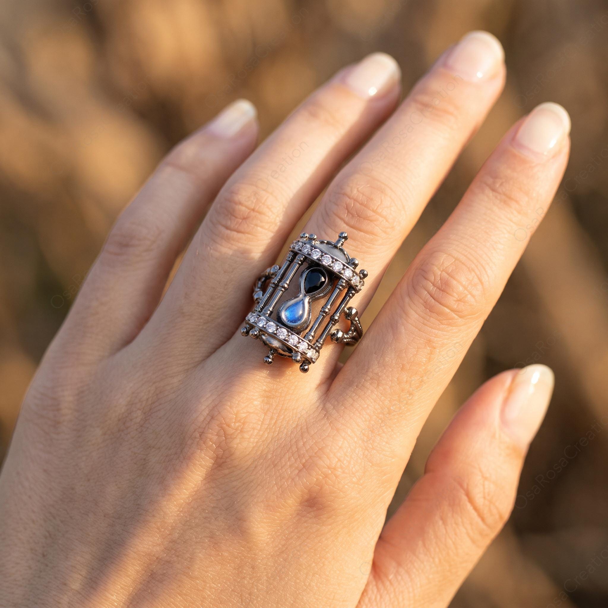 Vintage Hourglass Ring, Oxidized Silver Statement, Dark Academia Blue Gemstone