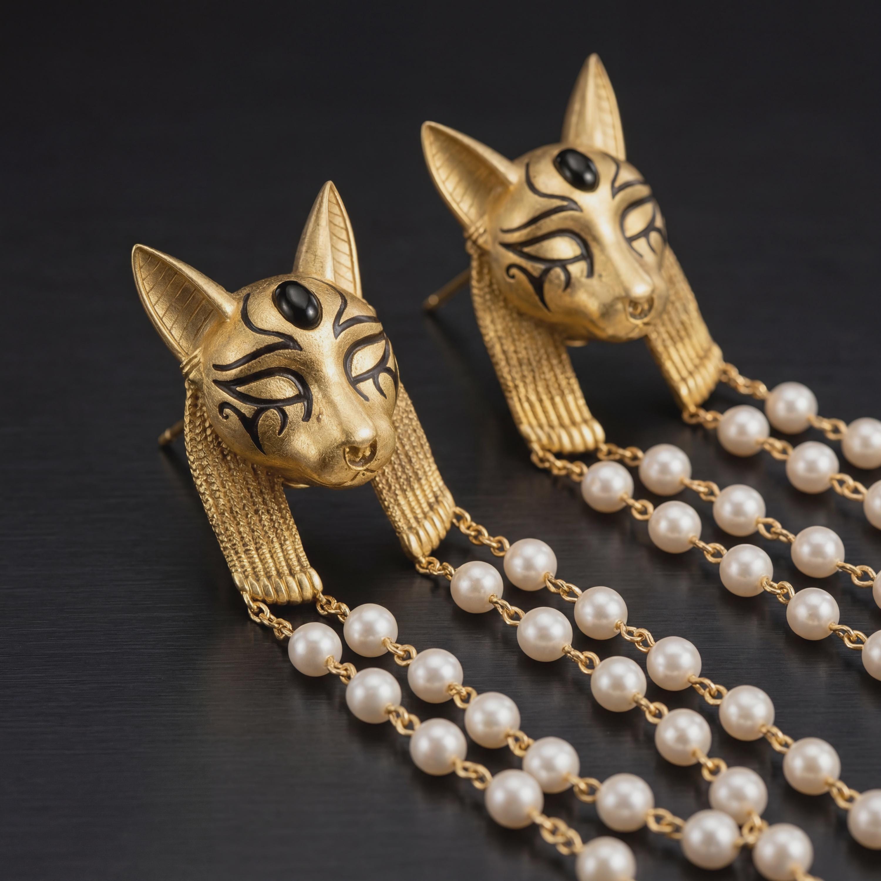 Egyptian Cat Earrings • Bastet Goddess Pearl Tassel • Art Deco Jewelry