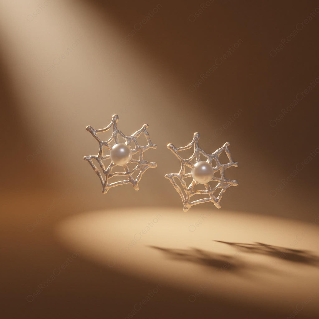 Silver Spider Web Earrings with Pearl Center