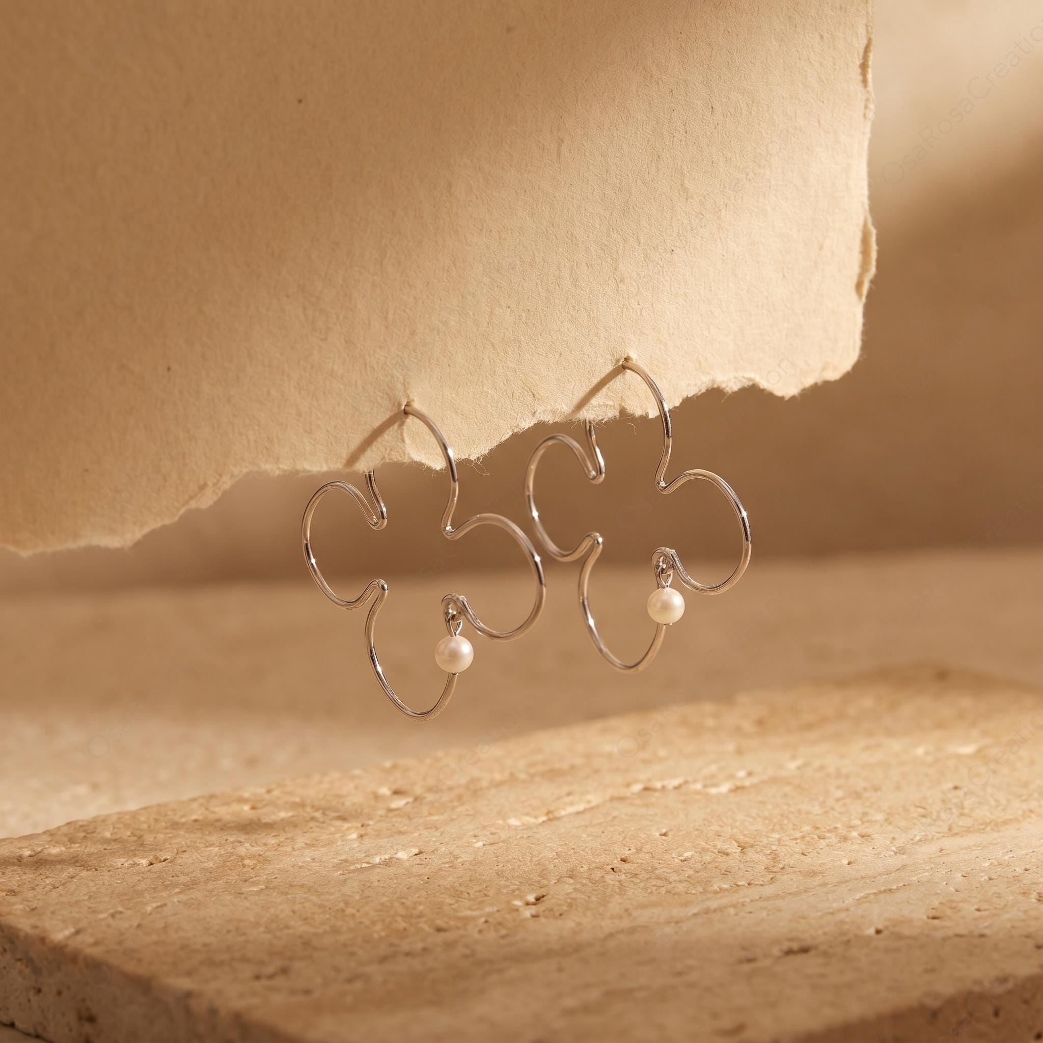 Minimalist Silver Wire Flower Earrings | Abstract Floral Hoop with Pearl Drop | Artistic Botanical Jewelry