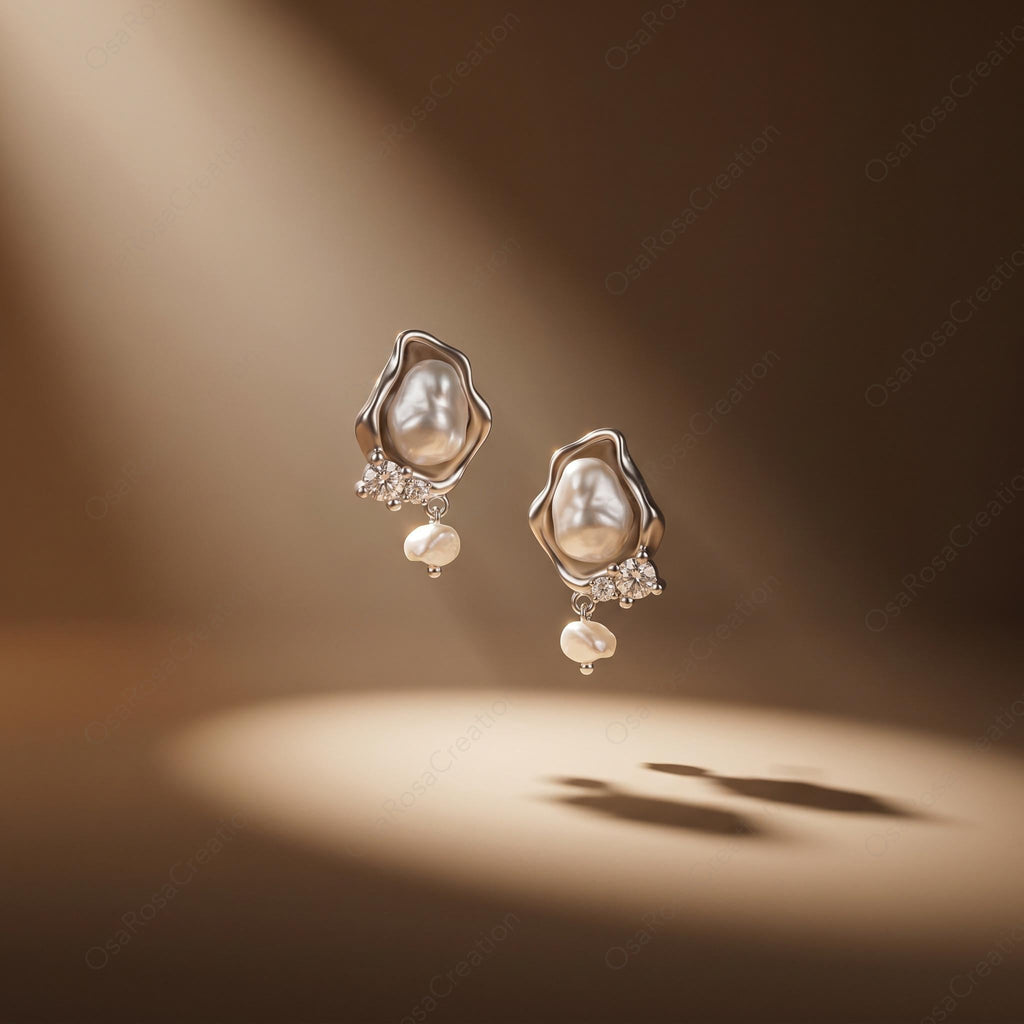 Silver Baroque Pearl Drop Earrings, Organic Wavy Studs, Bridal Jewelry