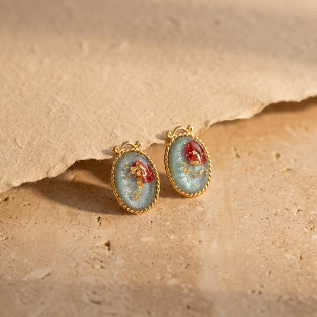 Vintage Botanical Resin Earrings, Gold Framed Red Flower Studs, Art Jewelry