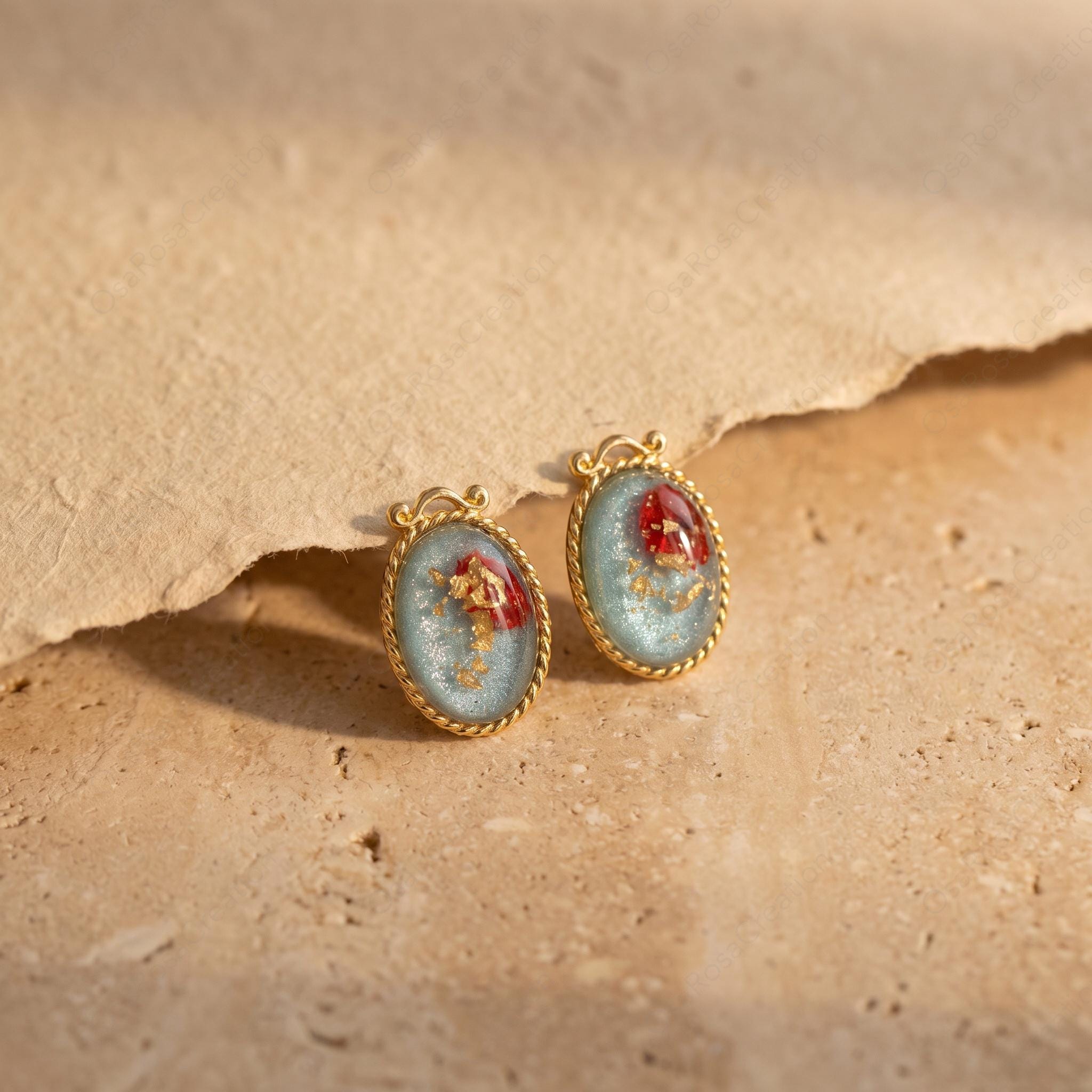 Vintage Botanical Resin Earrings, Gold Framed Red Flower Studs, Art Jewelry