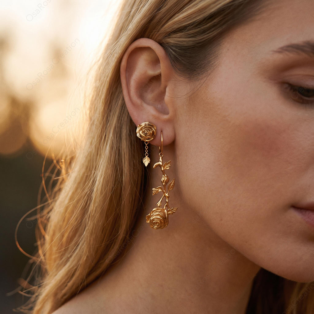 Asymmetrical Rose Earrings • 18k Gold Plated, Sterling Silver Posts