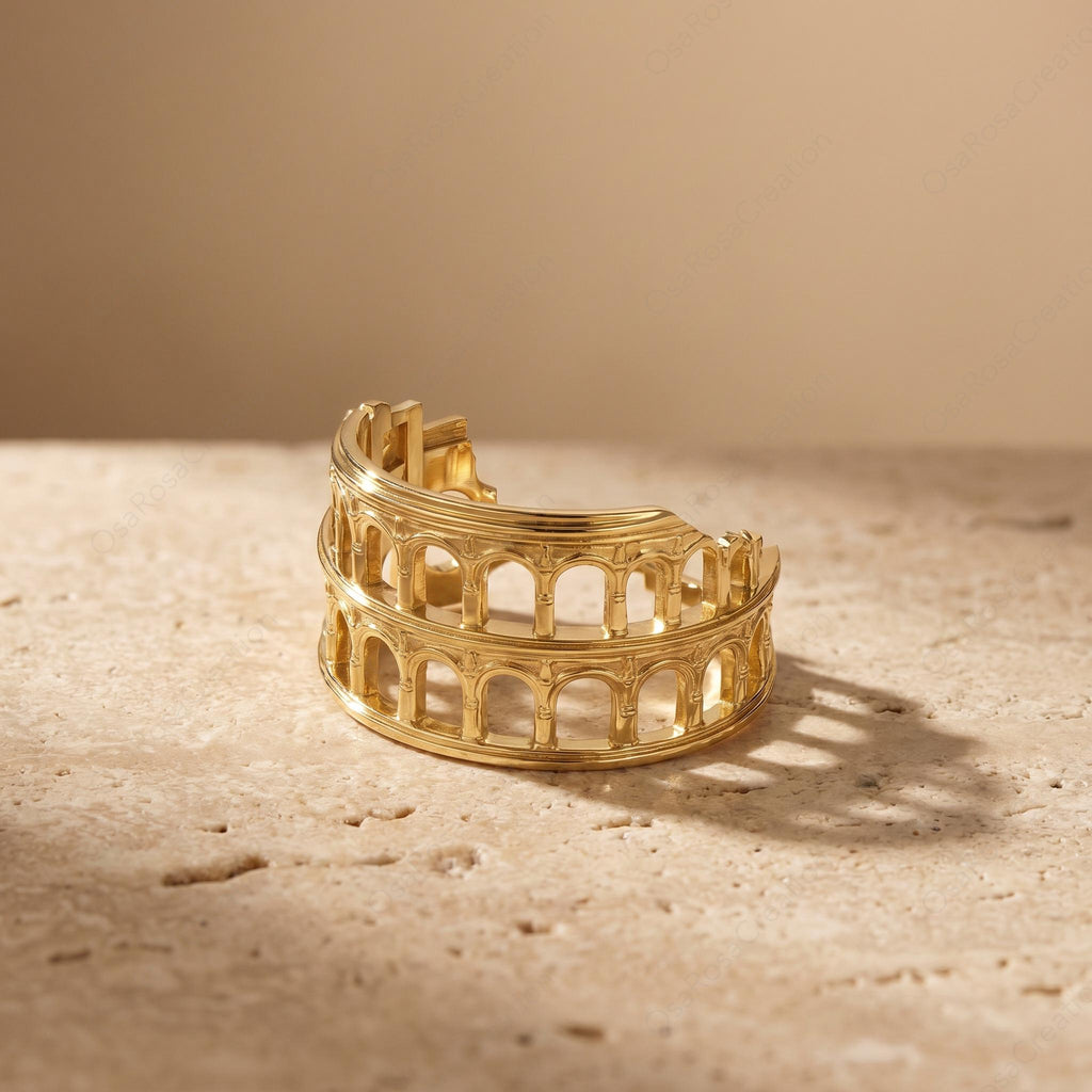Roman Colosseum Adjustable Ring Gold Architecture Design | Open Statement Ring Museum Style