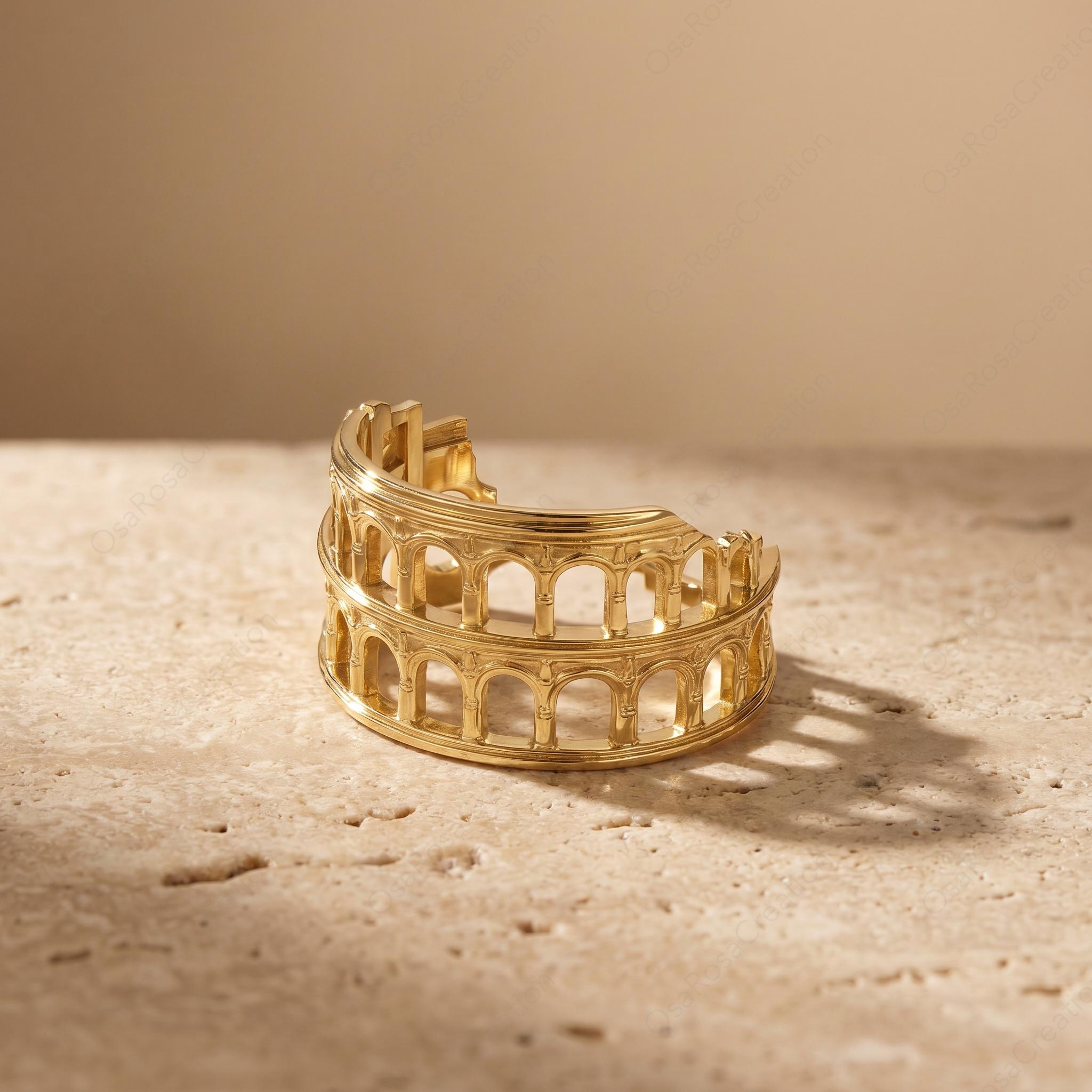 Roman Colosseum Adjustable Ring Gold Architecture Design | Open Statement Ring Museum Style