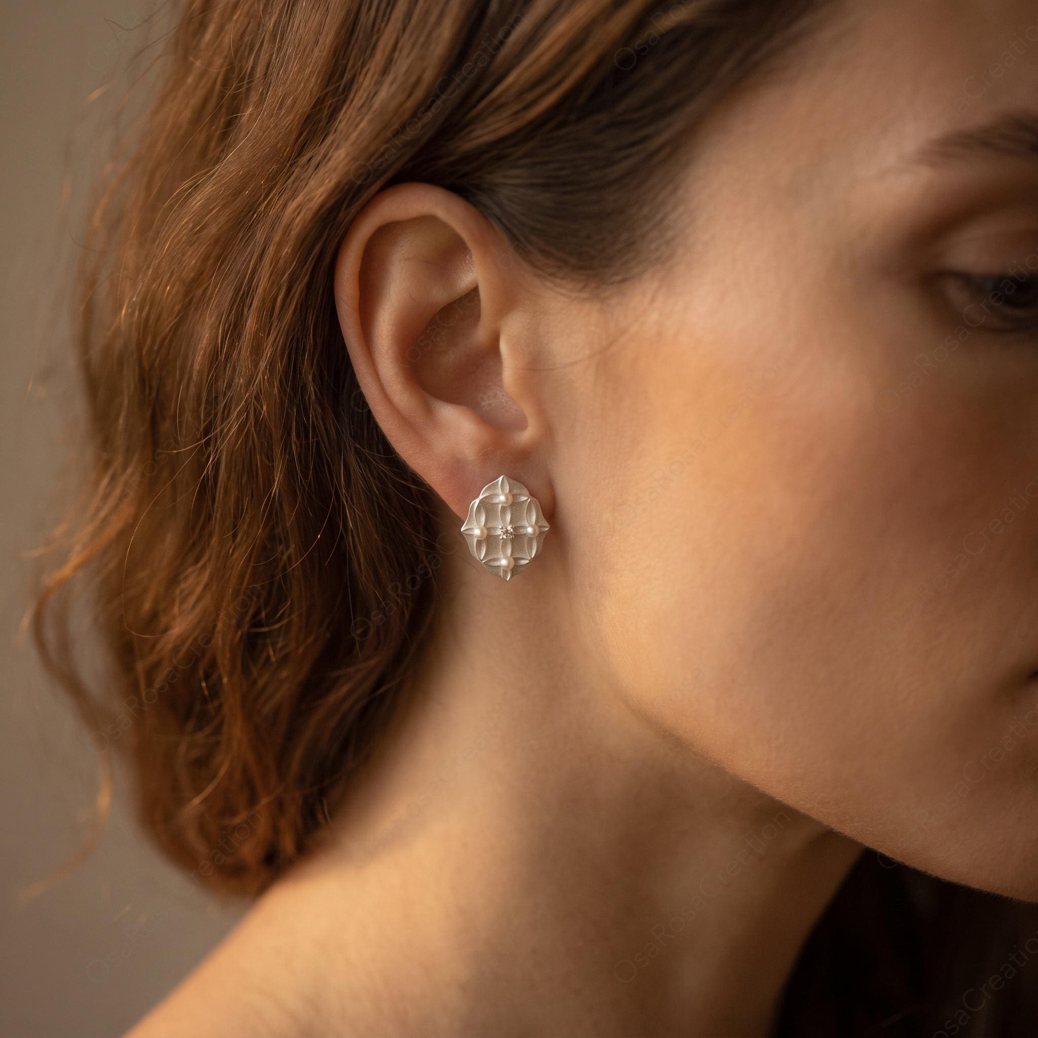 Silver Vintage Style Stud Earrings, Geometric Pearl Earrings, Art Deco Floral Studs
