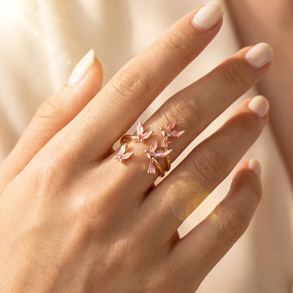 Pink Enamel Bird Ring, Gold Flying Swallow Wrap Ring, Nature Inspired Open Band, Poetic Animal Jewelry, Romantic Spring Gift for Her