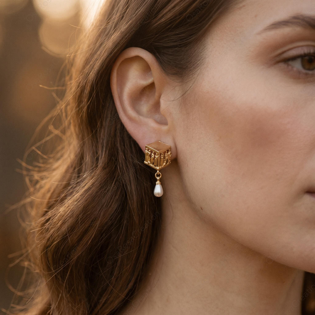 Ancient Greek Plato Academy Earrings | Museum Style Gold Earrings with Pearl Drop | Philosophy Inspired Jewelry