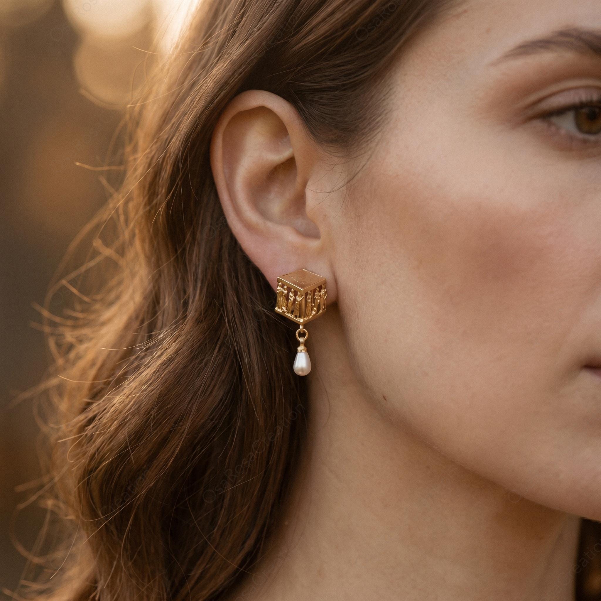 Ancient Greek Plato Academy Earrings | Museum Style Gold Earrings with Pearl Drop | Philosophy Inspired Jewelry