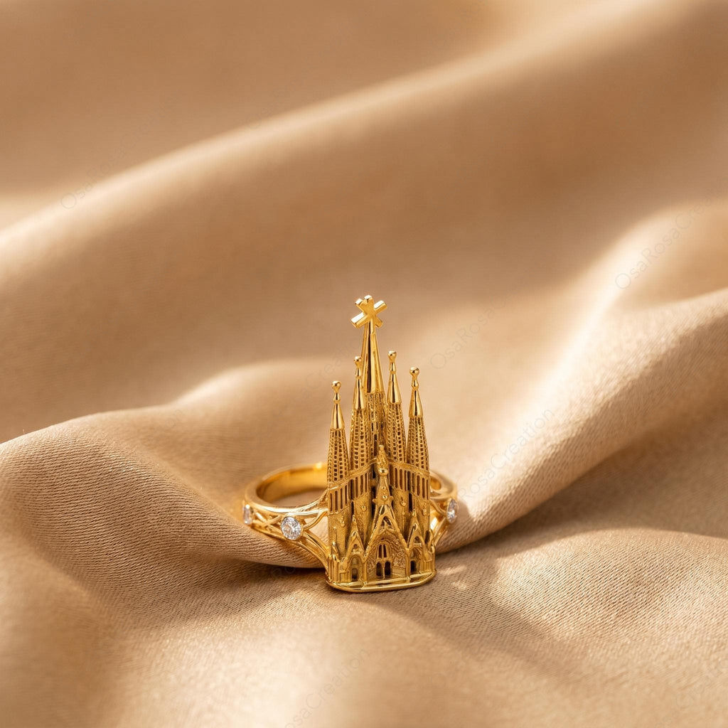 Sculptural Gold Sagrada Familia Ring, Gaudi Inspired Architectural Jewelry, Cubic Zirconia Accent