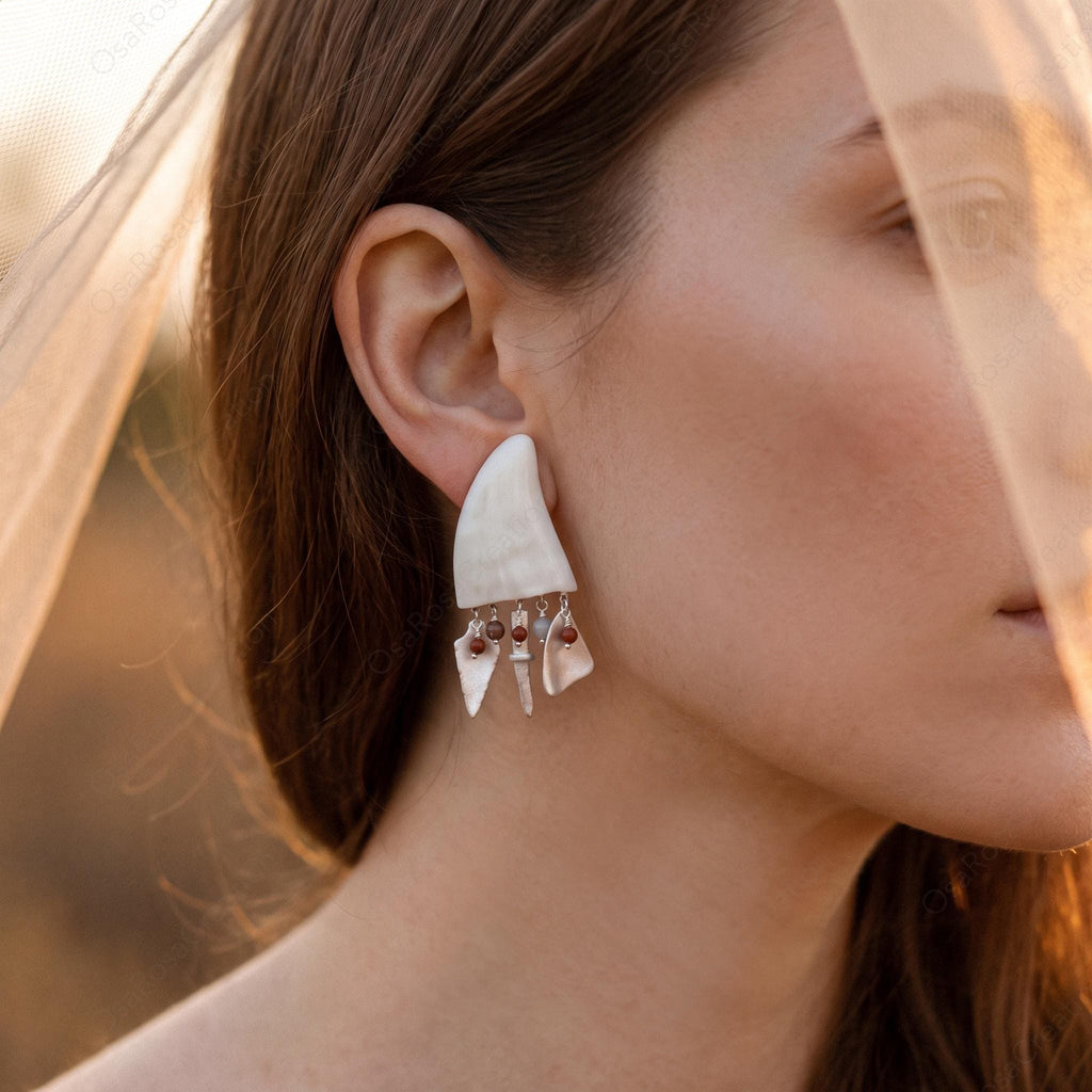 Tribal Horn Faux Resin Earrings, Artisan Sterling Silver Dangle Drops